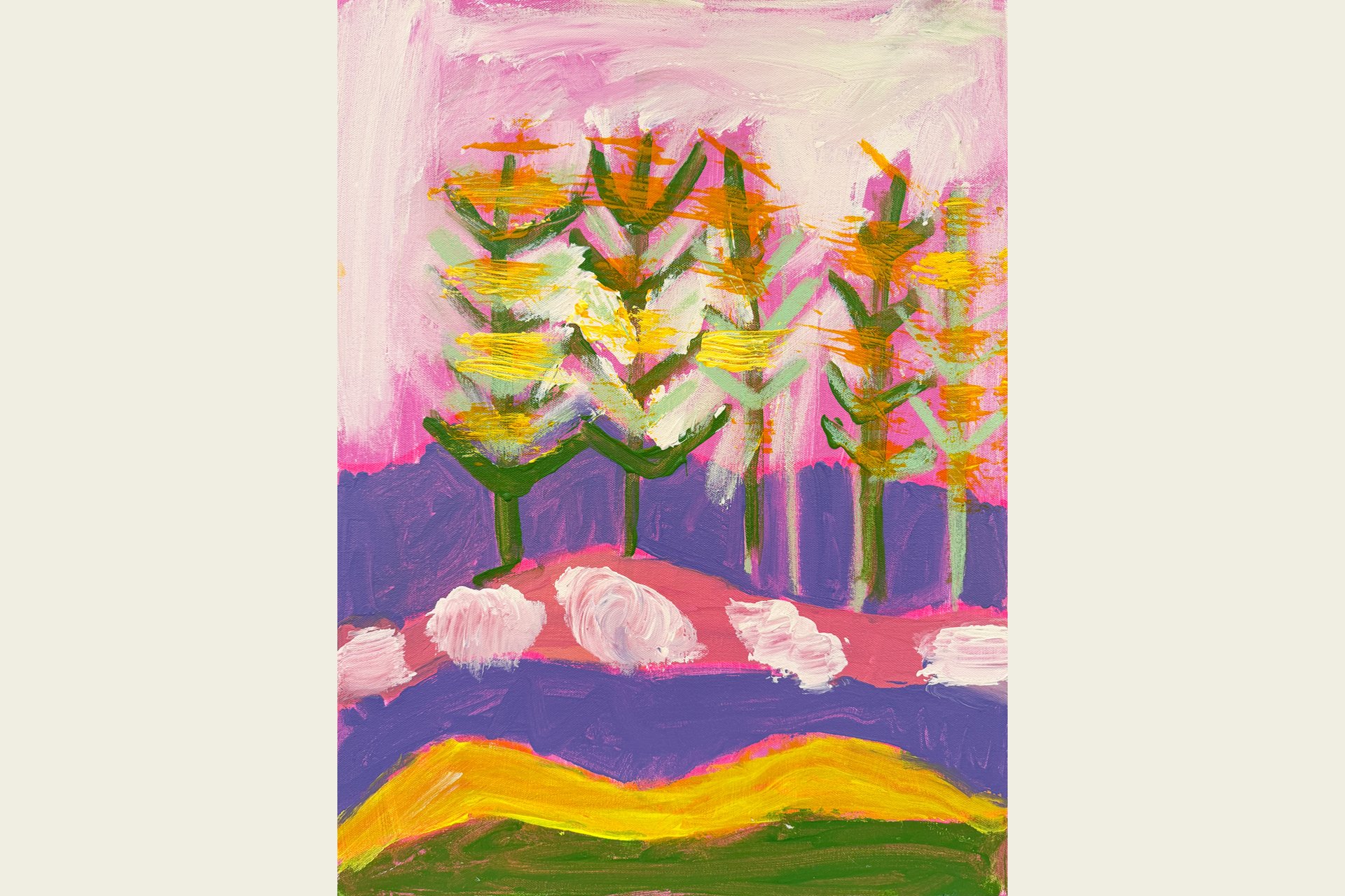 Brightly-colored painting of trees on the horizon at dawn
