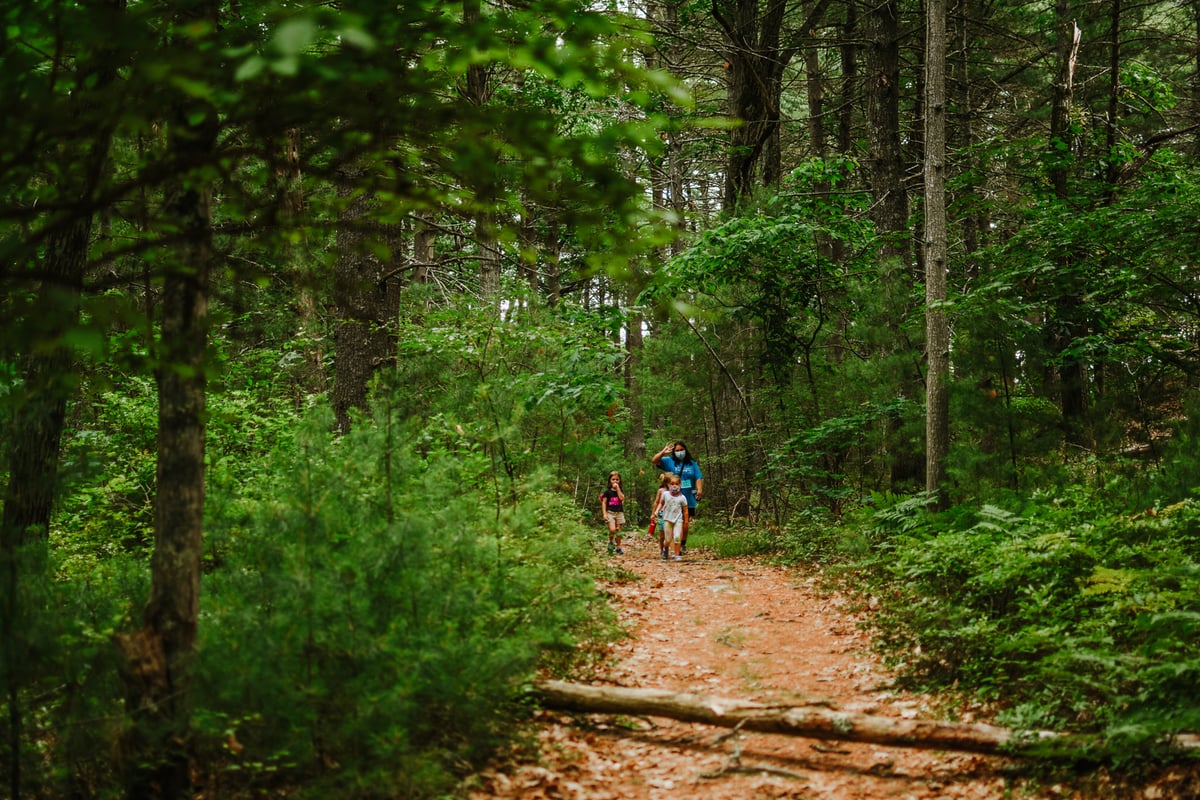 Three kids with an adult in a blue sweatshirt on a dirt trail surrounded by dense, green vegetation and trees.