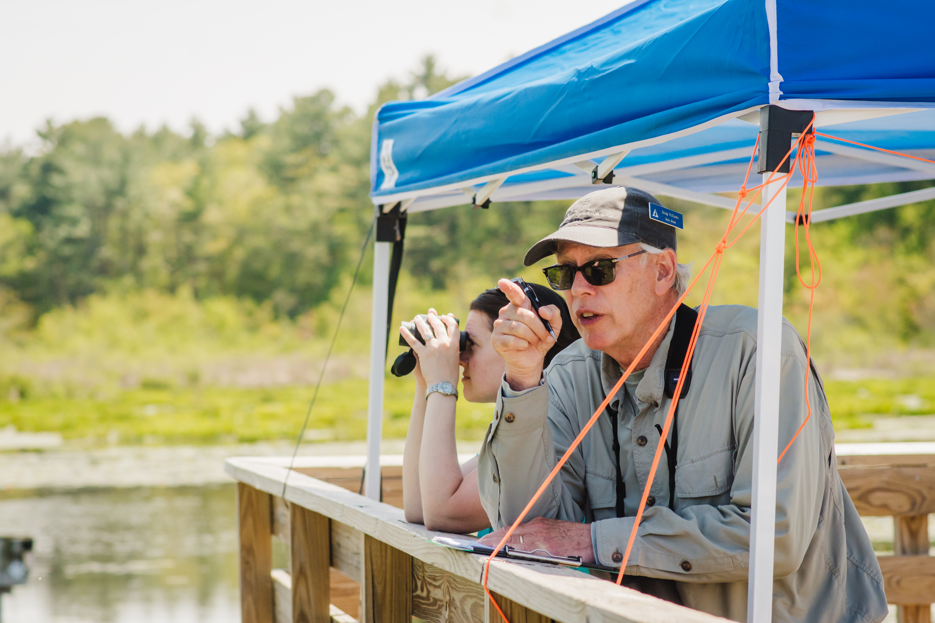 Two people birding from under tent