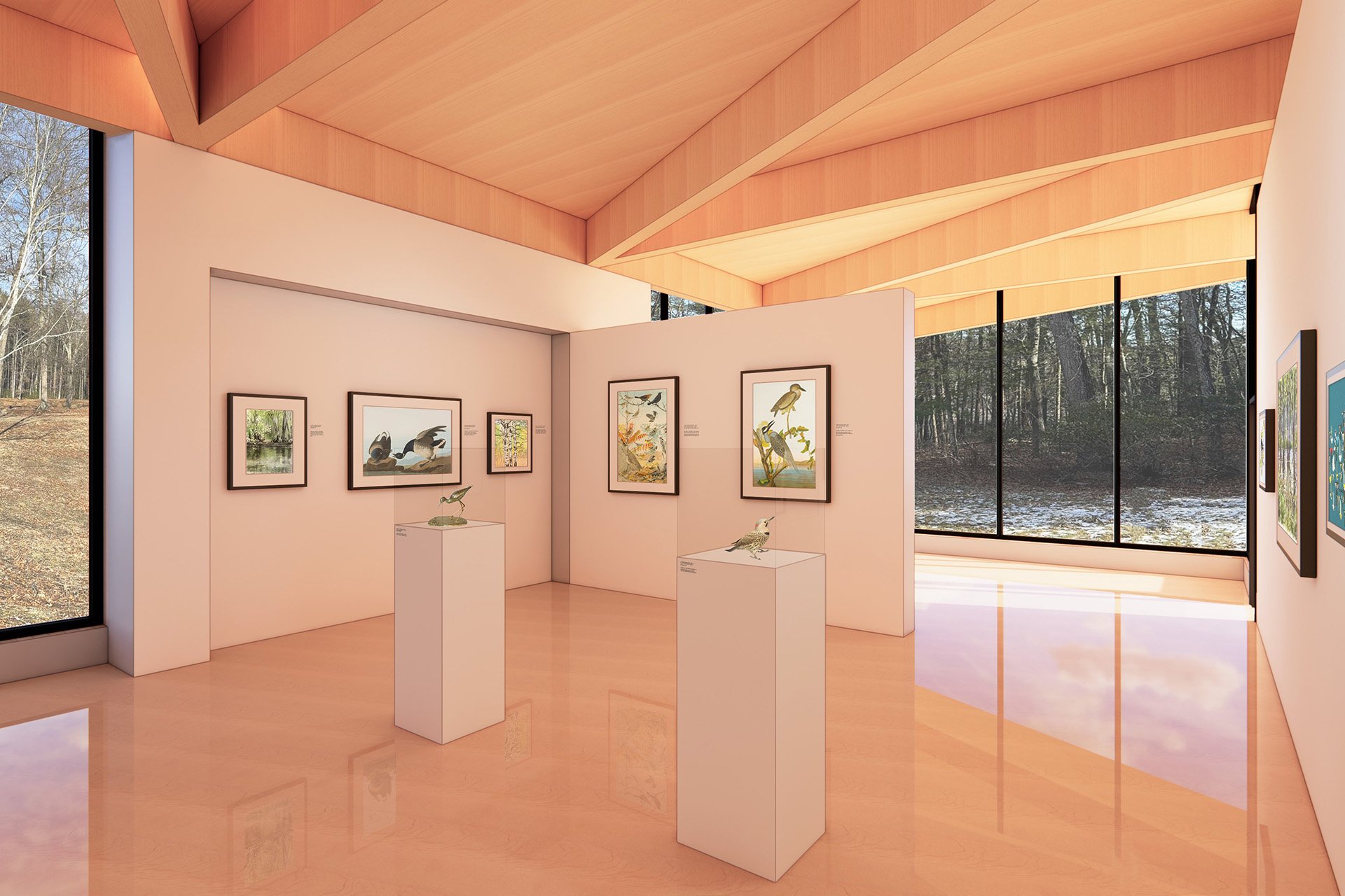 Interior view (conceptual model) Floor to ceiling windows, wood floor and ceiling, white walls with art hanging.