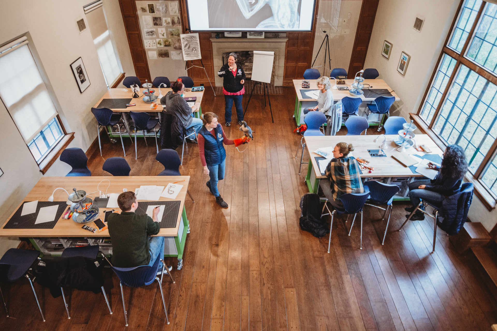 Overhead view of students in an art class
