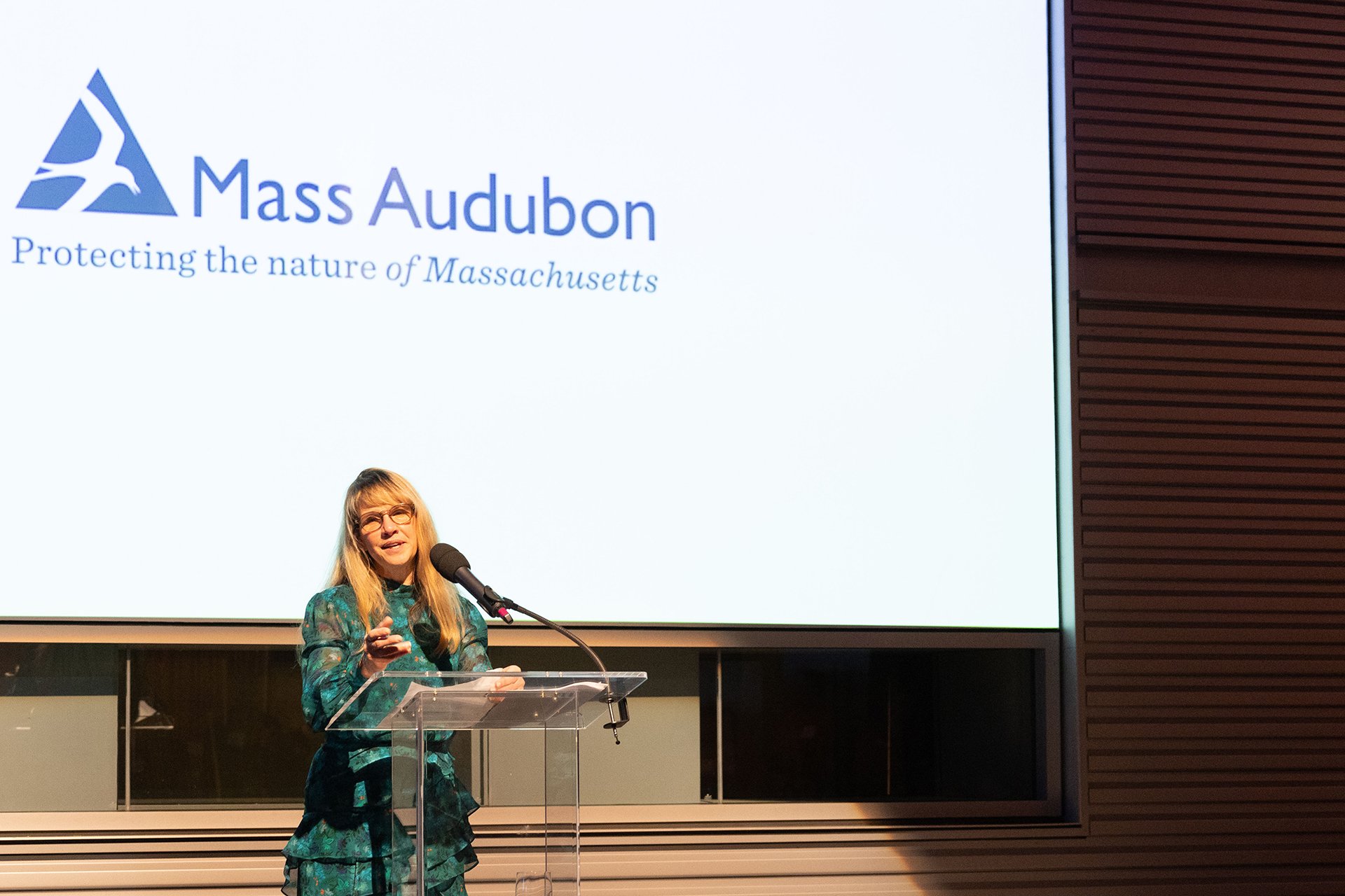 Kirsten Waerstad standing on stage receiving the Nature of Massachusetts award