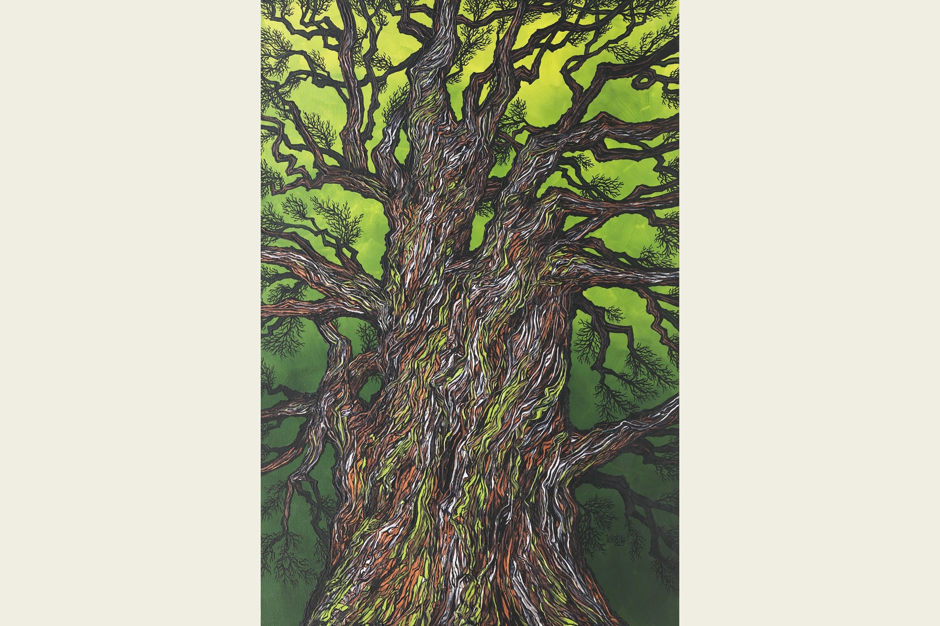Bright green and brown acrylic painting of a tree with no leaves