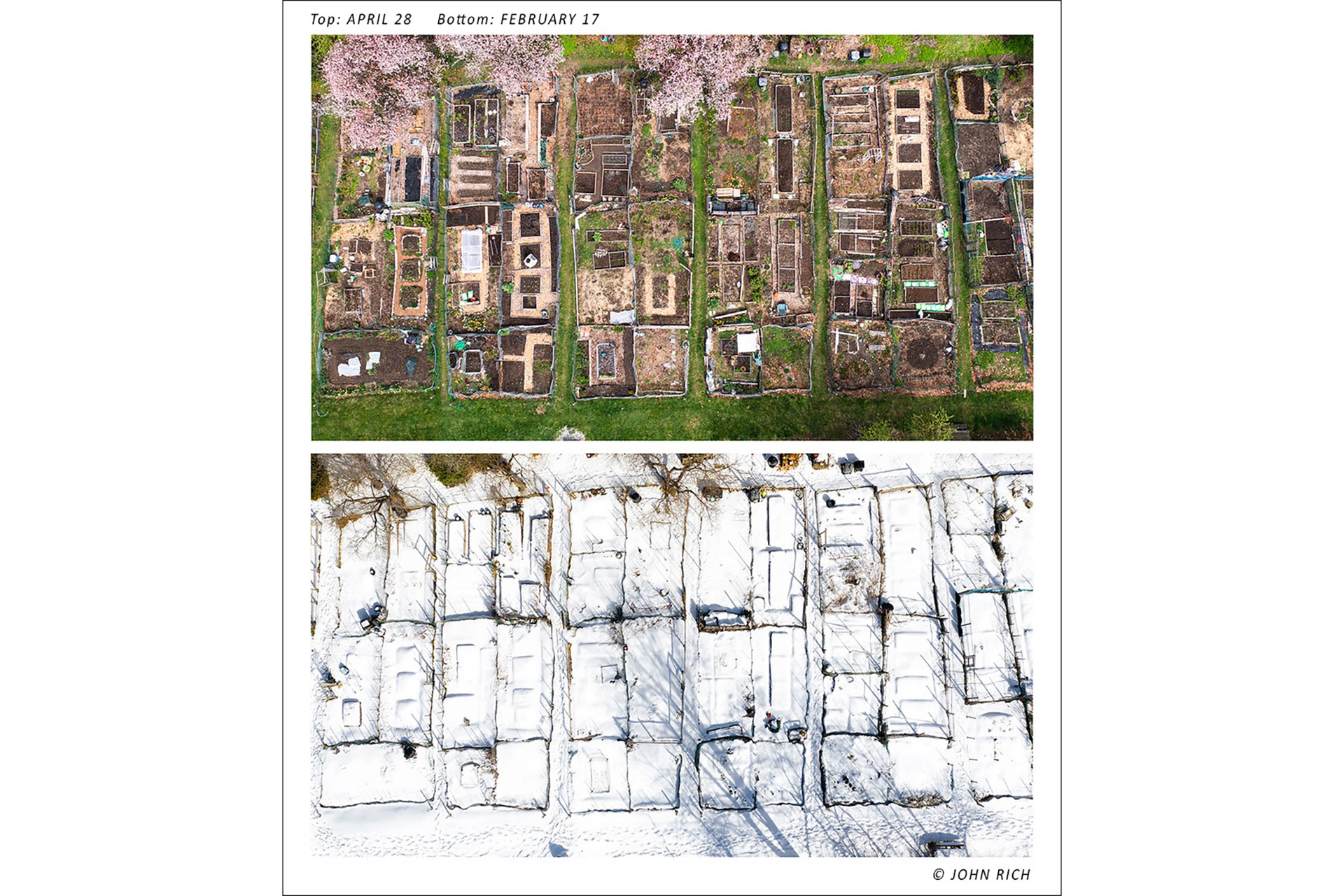 Two pictures of community gardens from a drone, the top taken on April 28 and the bottom on February 17