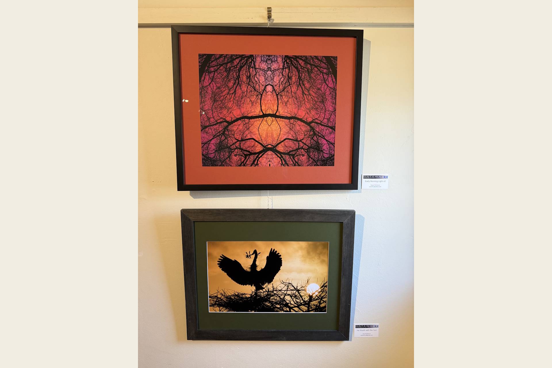Two framed pieces hanging on a gallery wall