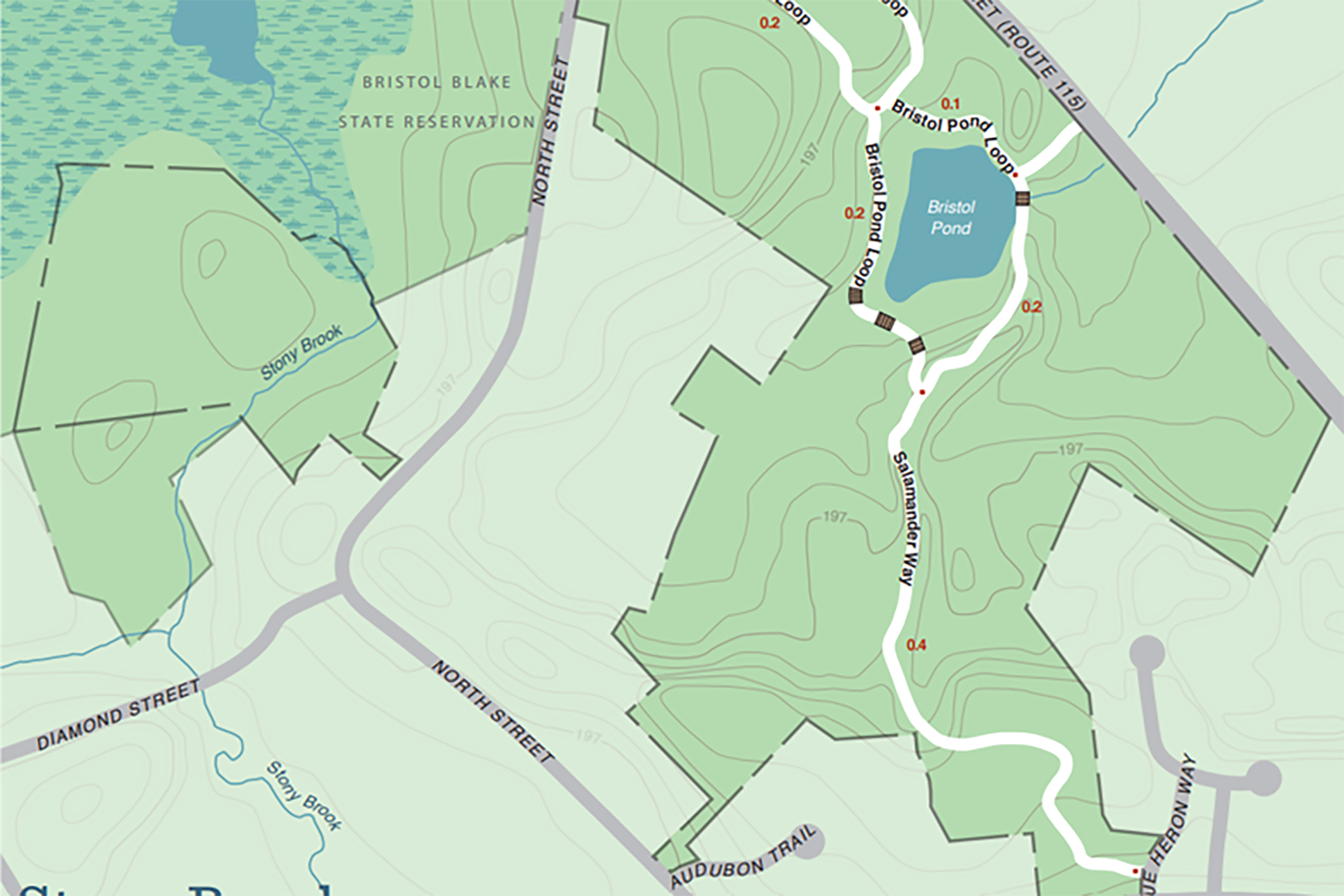 An isolated portion of Stony Brook's trail map, featuring Salamander Way in the rightmost third