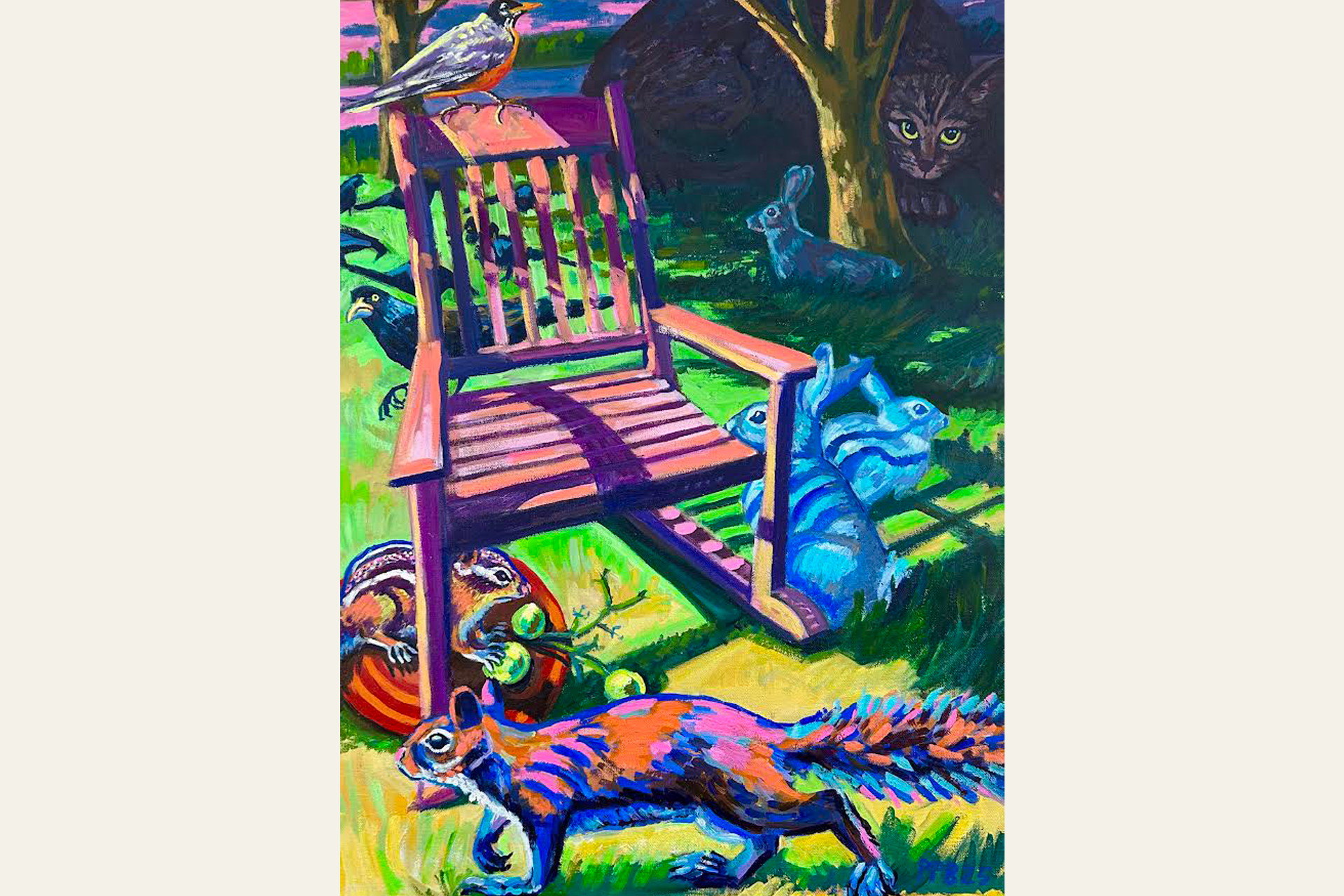 Brightly colored painting of animals around a wooden lawn chair against a cream background