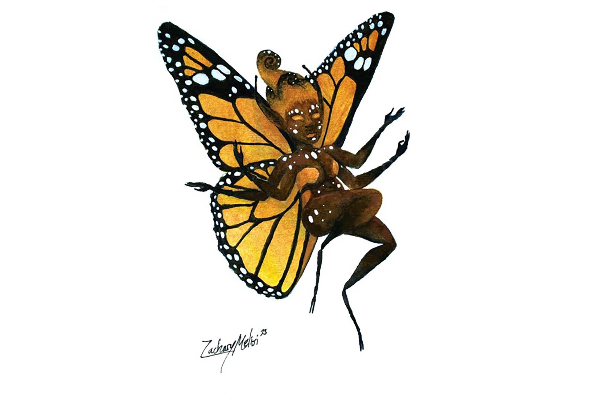 Painting of a woman as a butterfly on a white background