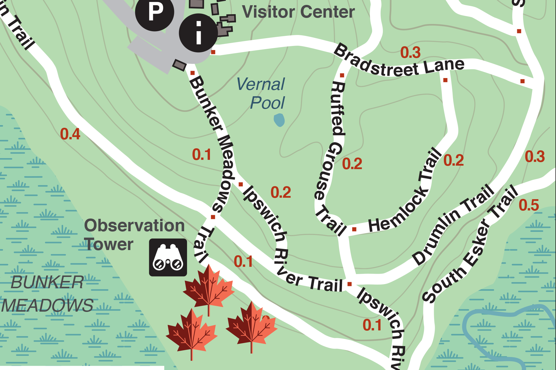 Three places along the Bunker Meadows Trail marked with maple leaves