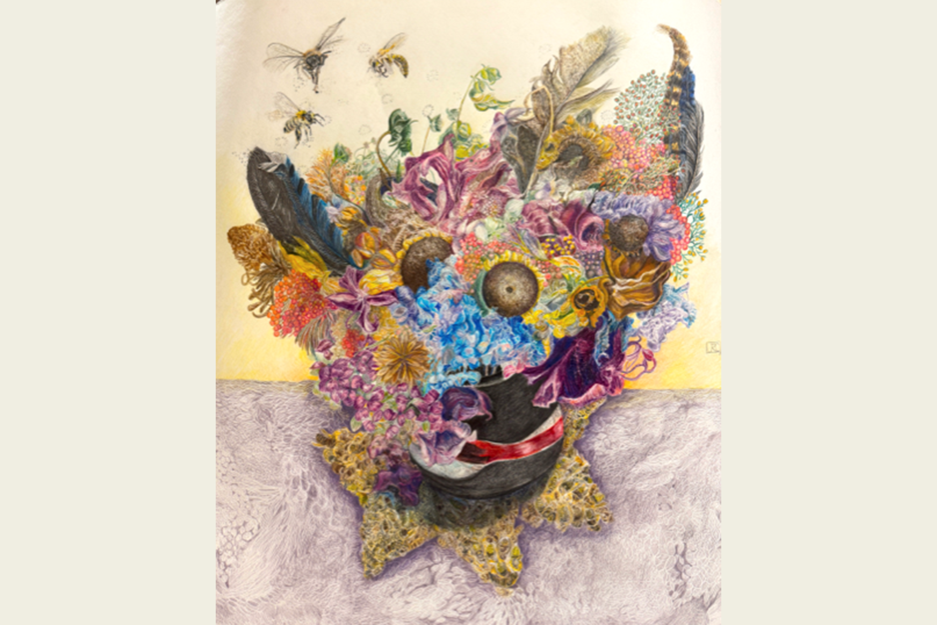 Painting of a colorful floral basket arranged with feathers