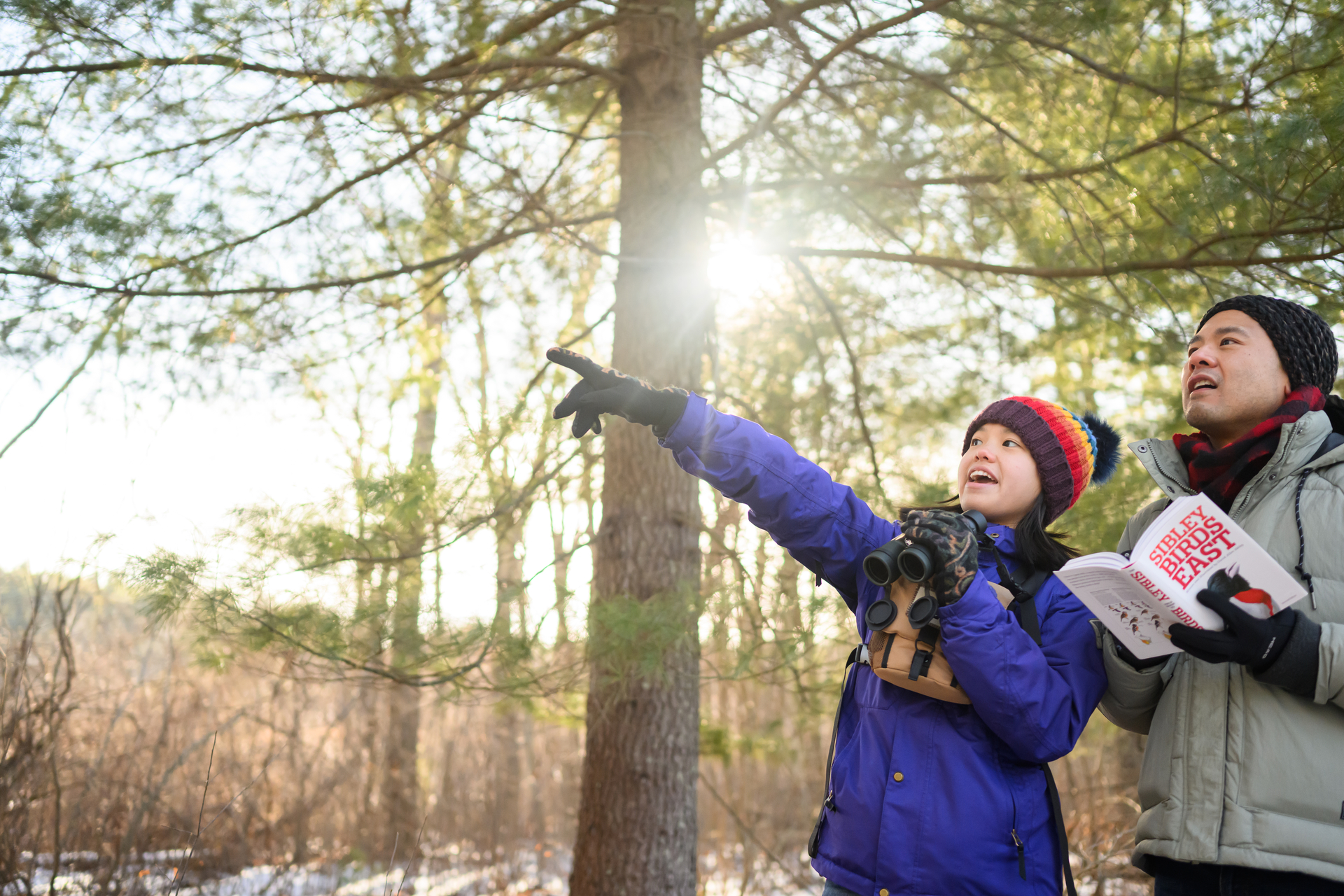 two birders pointing with guide