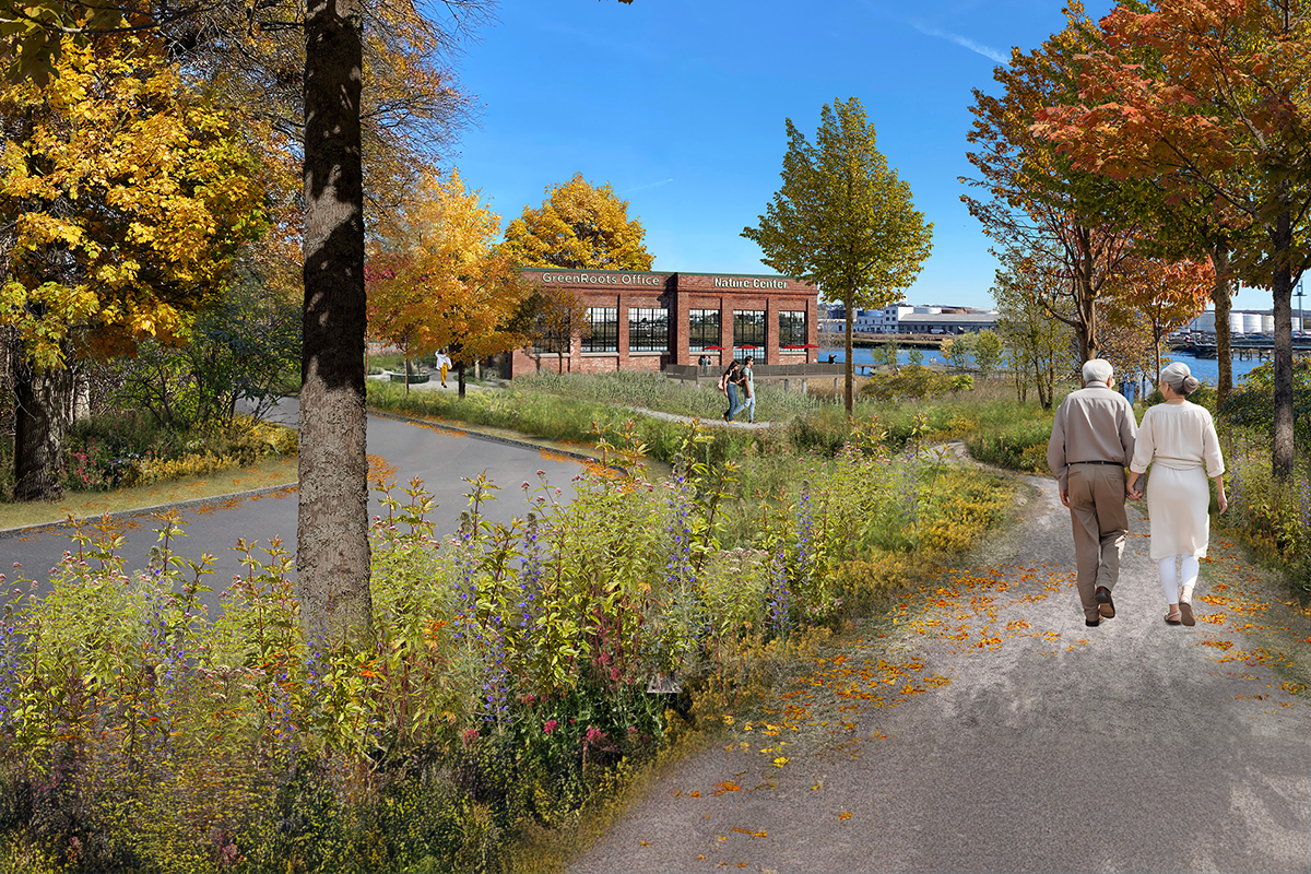 Rendering of Chelsea Waterfront park with a couple on a trail