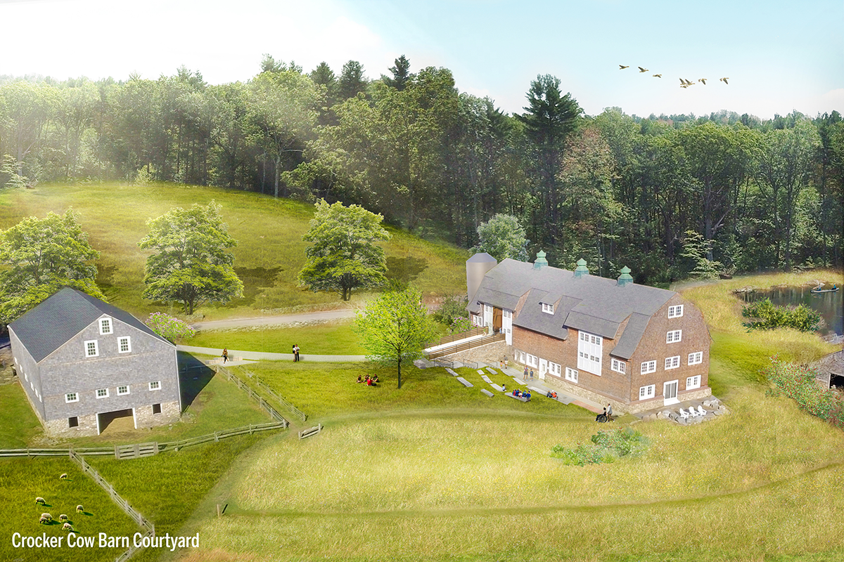 Rendering looking down at two barns
