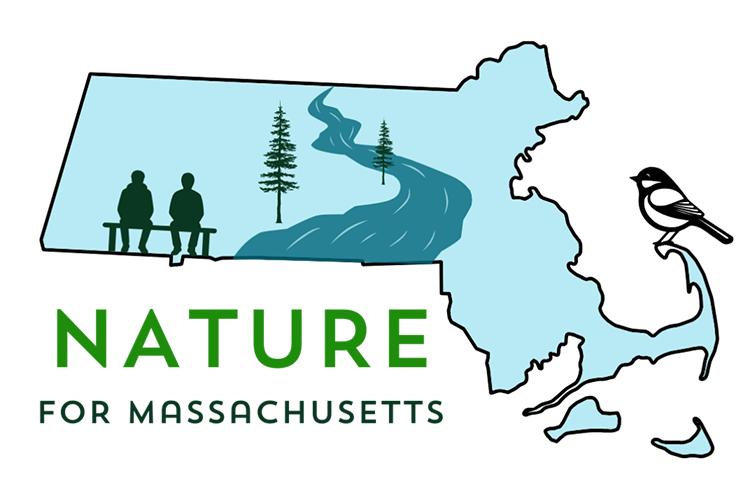 Graphic of Massachusetts with people on bench, river, bird and the words Nature for Massachusetts