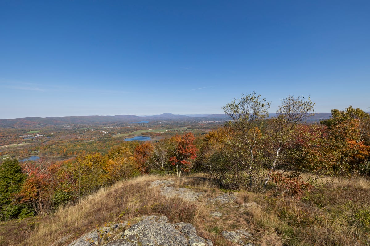 Atop a brown grassy hill overlooking fall foliage with water below. Mountains off in the distance.