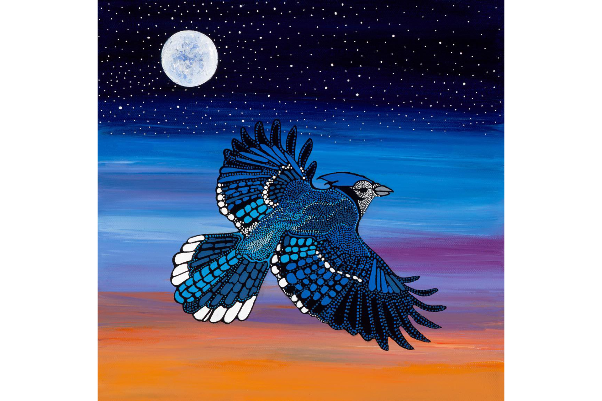 Painting of a superior blue jay against an orange sunset/night sky gradient