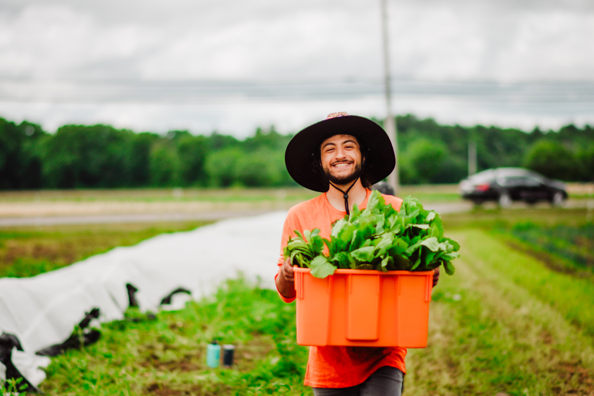 CSA volunteer smiling and holding a bucket of leafy greens