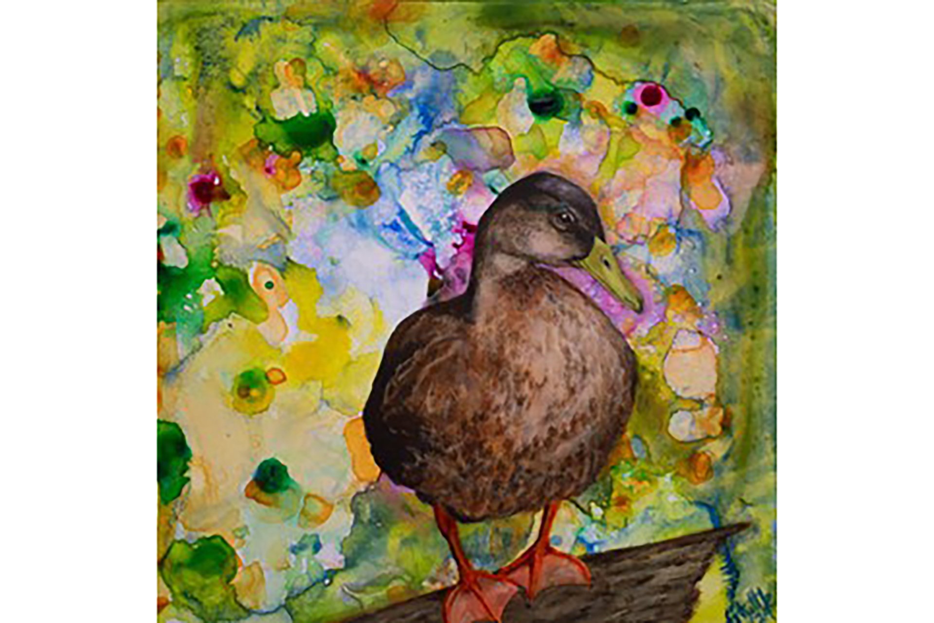 Painting of a brown duck against a vibrant, green background
