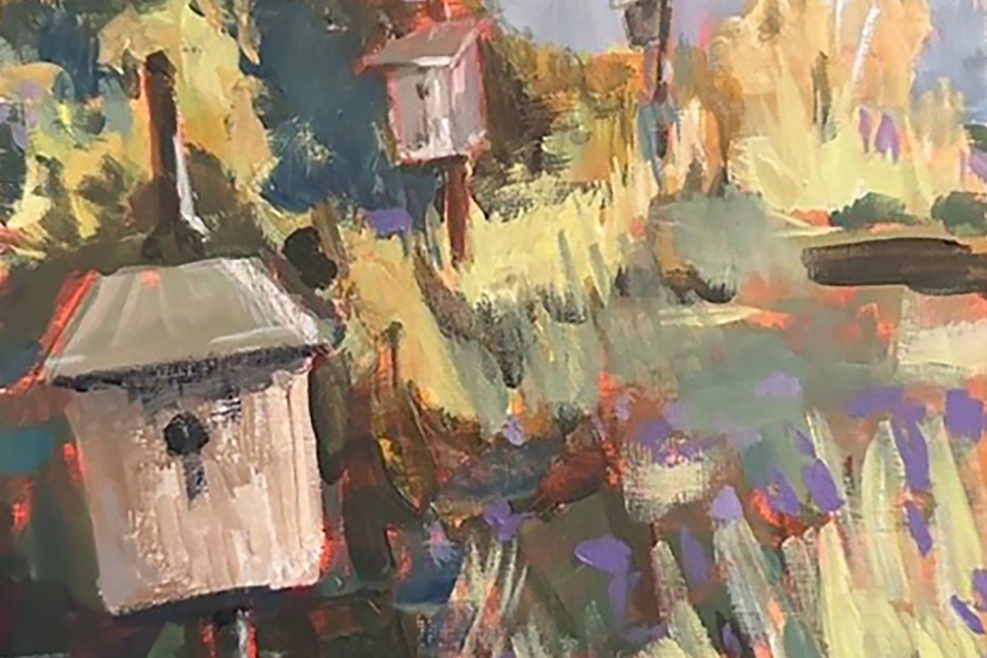 cropped painting of birdhouses in a field