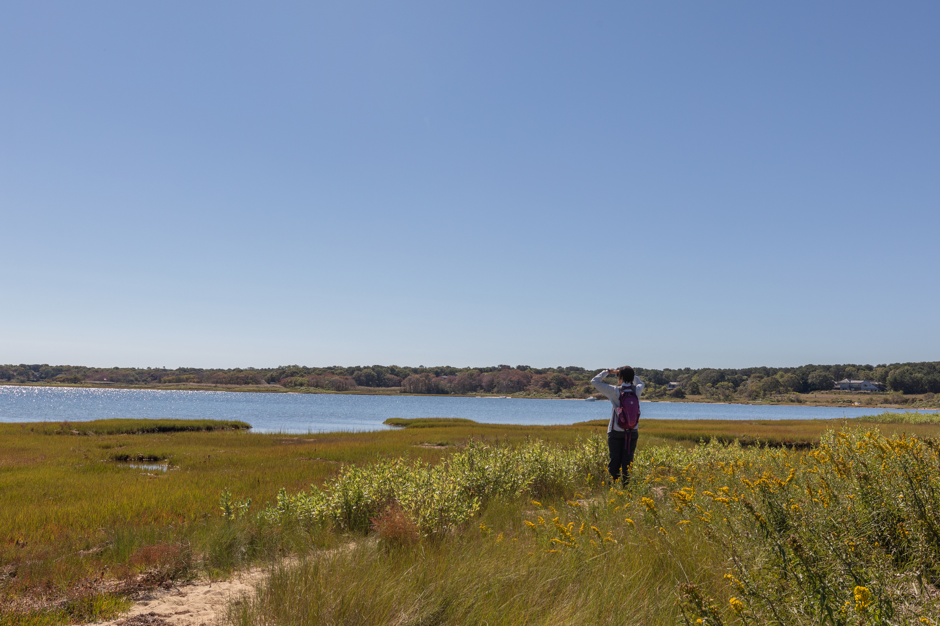 Person standing on a path with green vegetation, looking out to a channel of water.