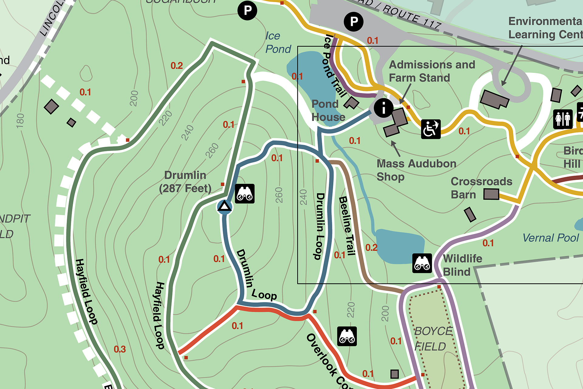 A cropped portion of Drumlin Farm's offline trail map