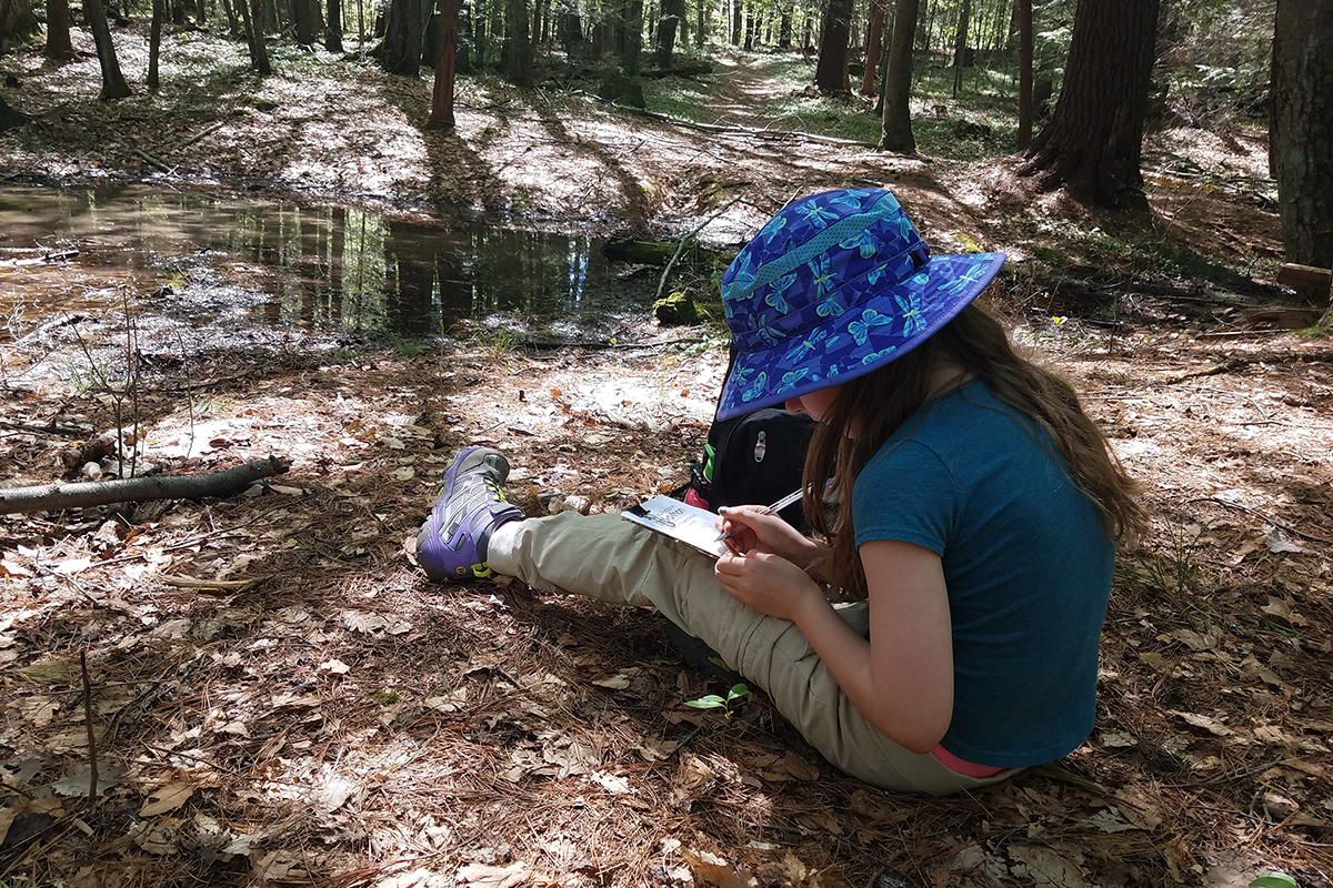 Young child sitting on the forest floor with a blue hat. She is writing on a clipboard.