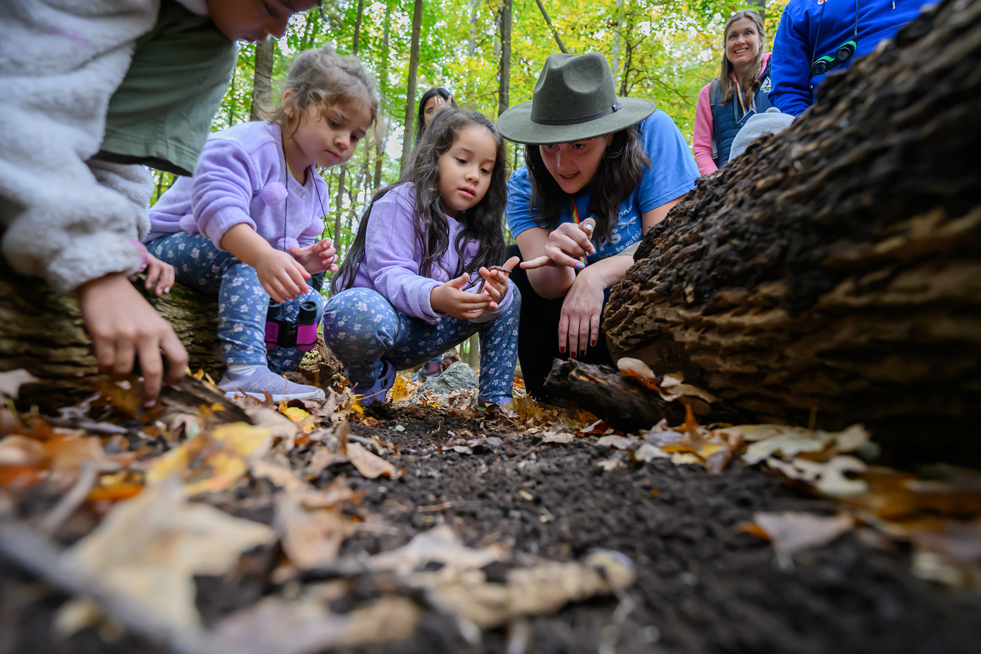 An educator and group of young participants looking under a log