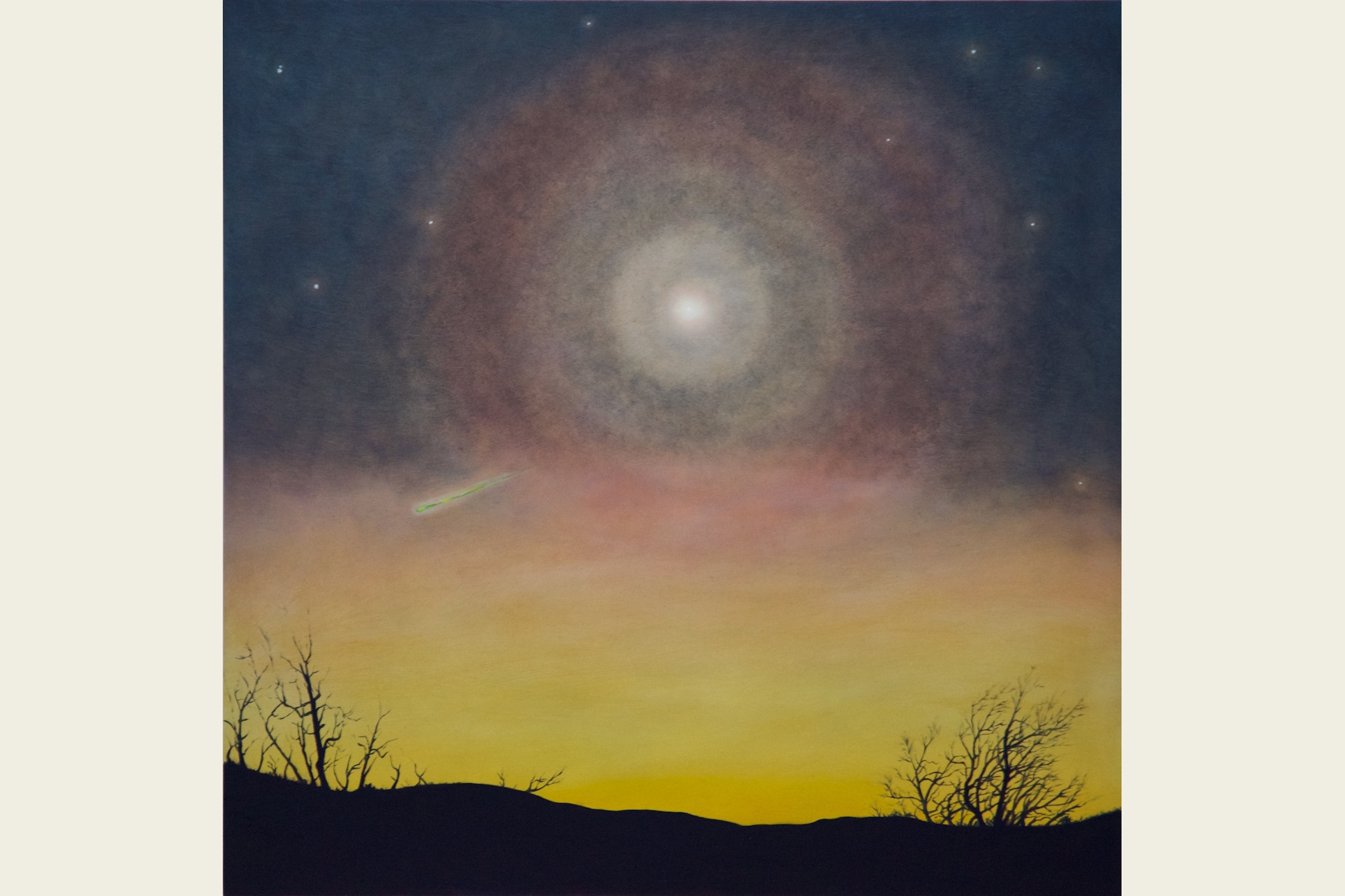 Oil painting of a bright star with a red-hued halo surrounding it