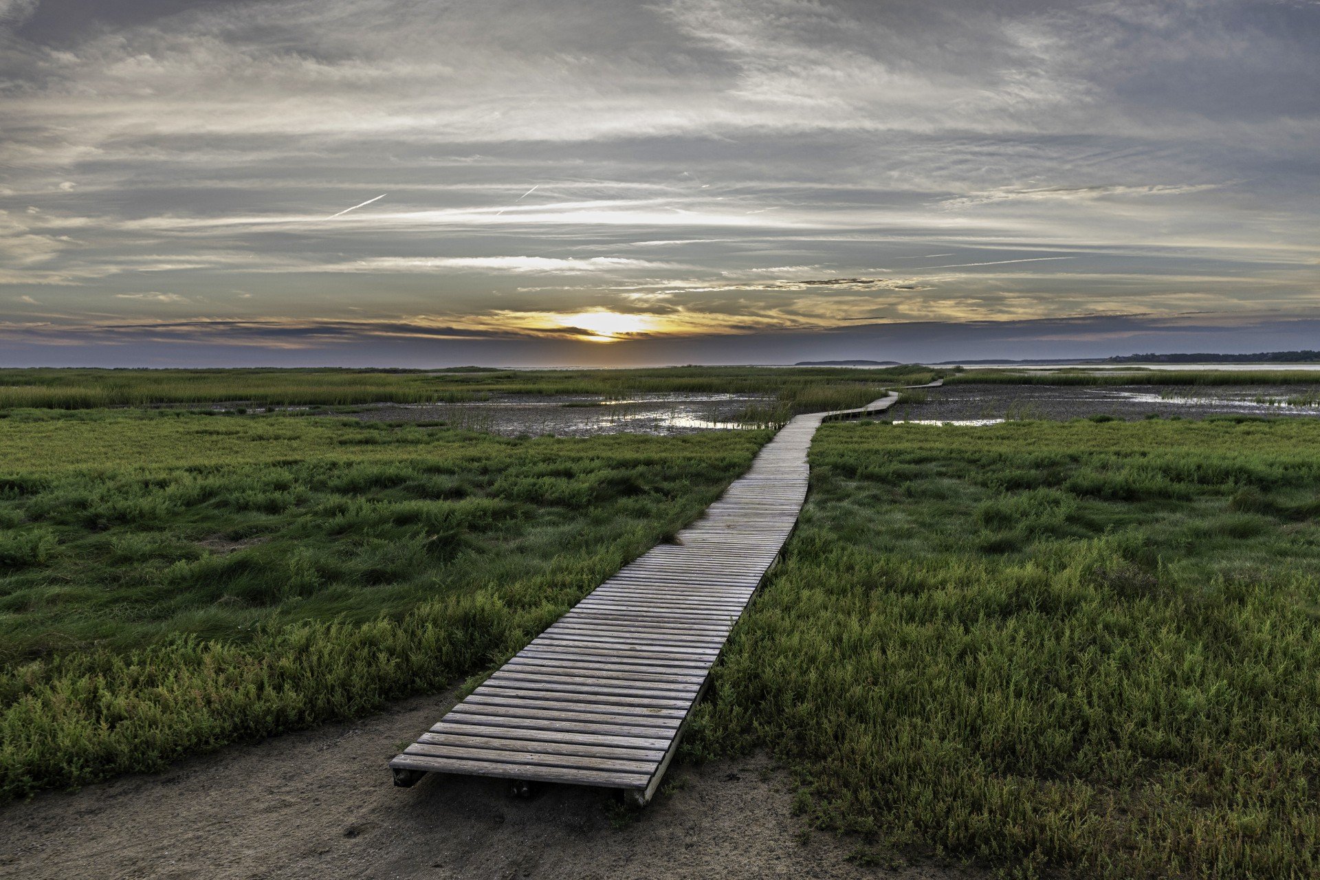 Boardwalk with cloudy sky