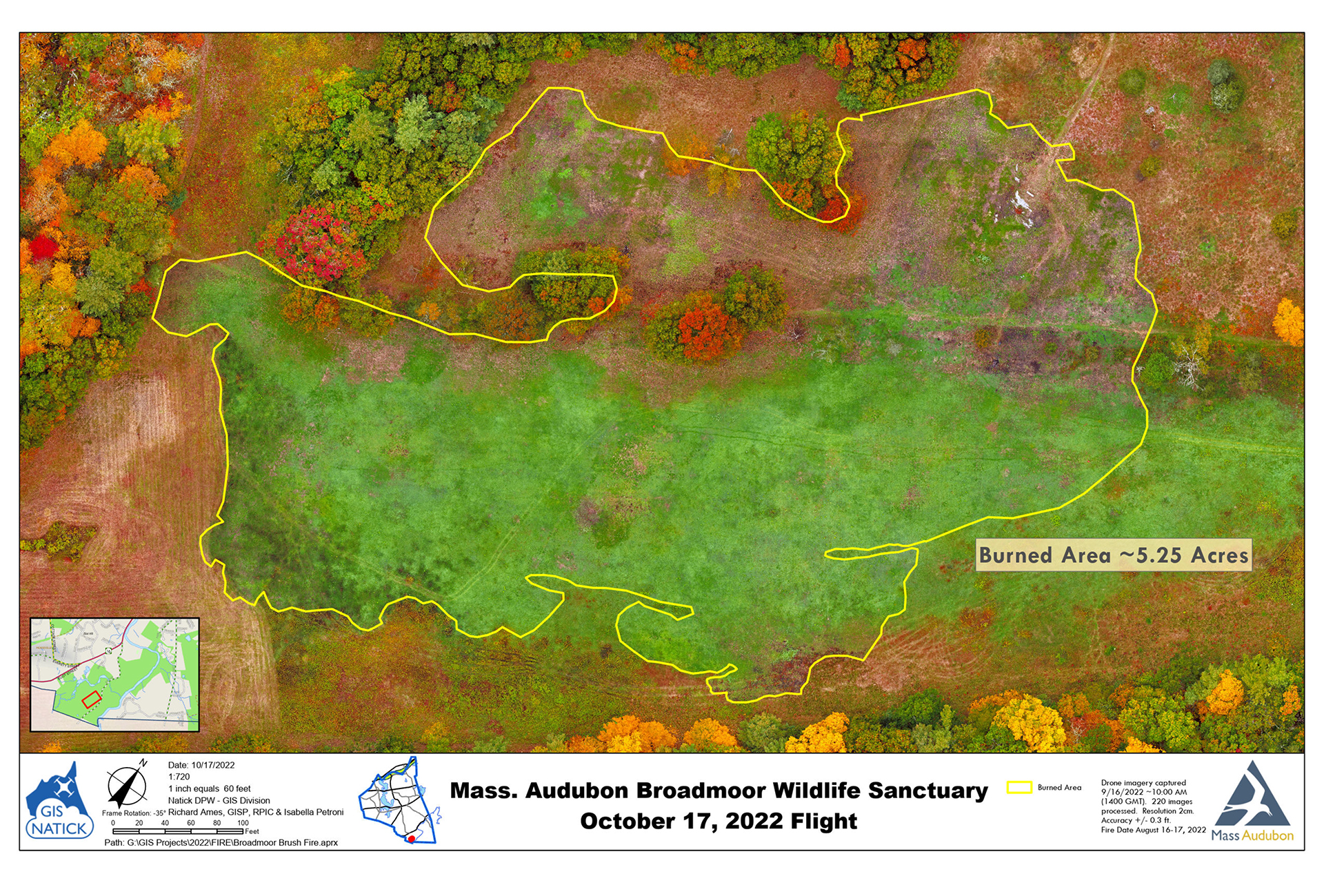 Aerial view of Broadmoor showing brush fire recovery, a green meadow with surrounding bright red and yellow trees, as of October 17, 2022