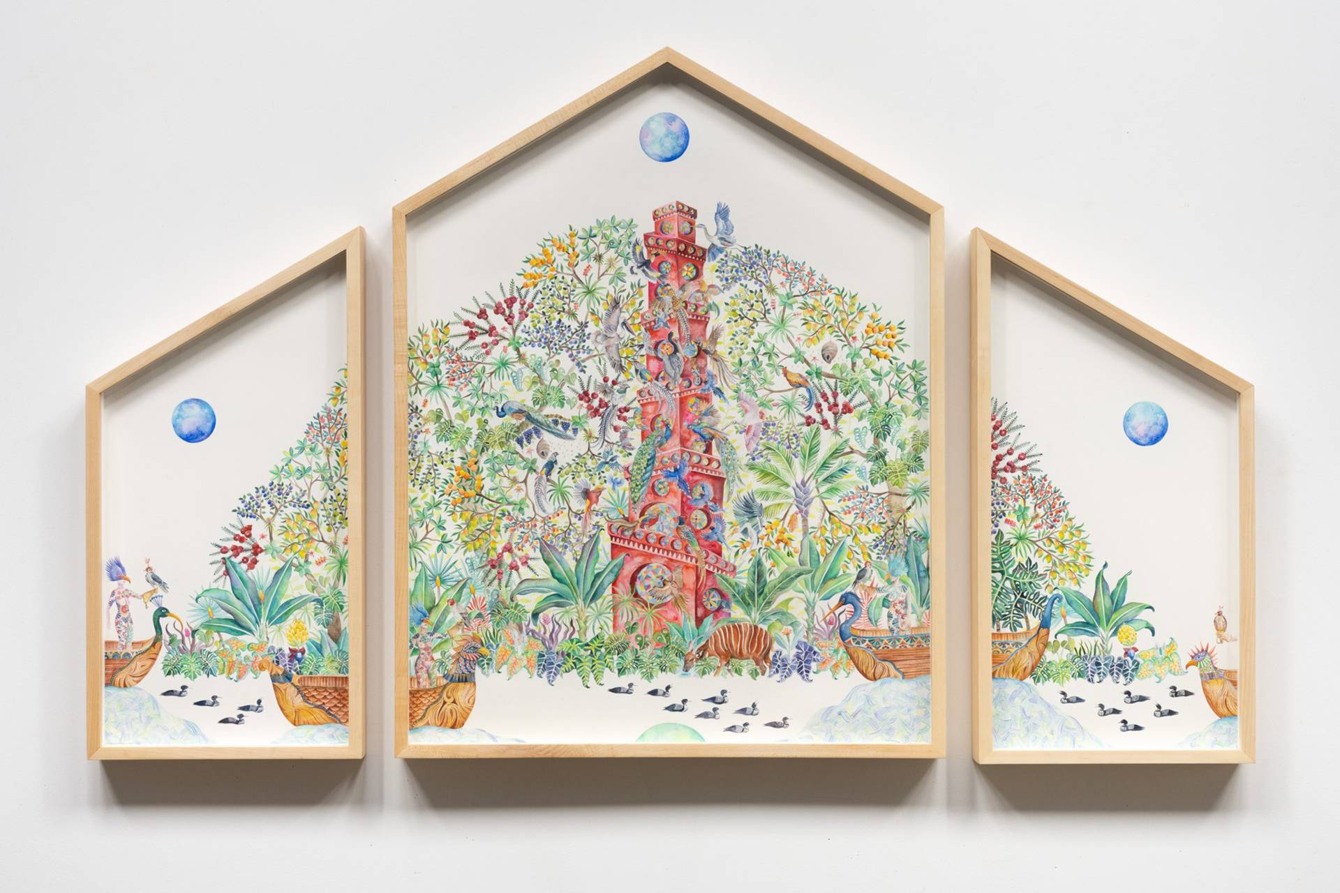 Three-panel painting depicting a tall red tower surrounded by surreal, overgrown vines