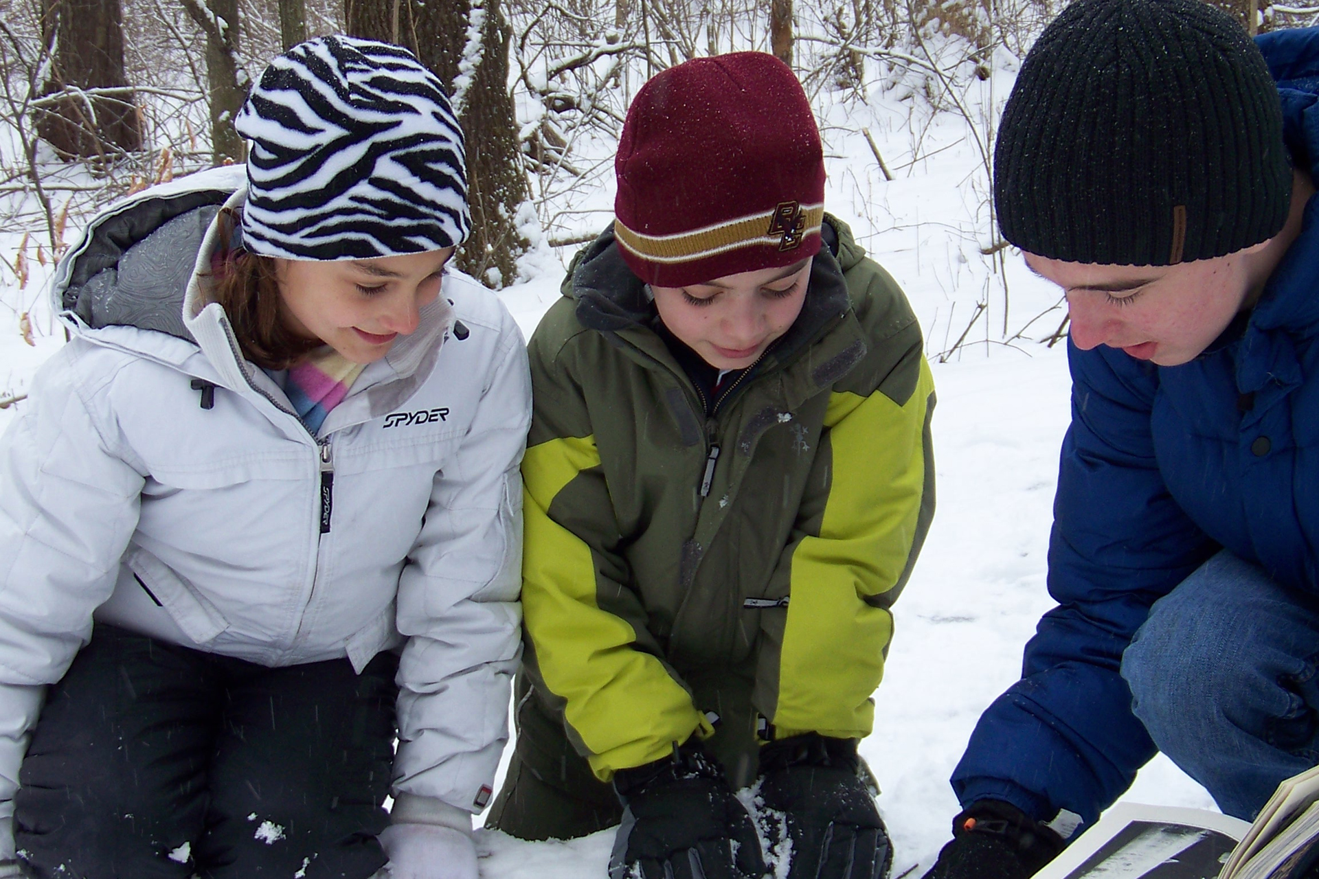 three children identifying tracks in the snow