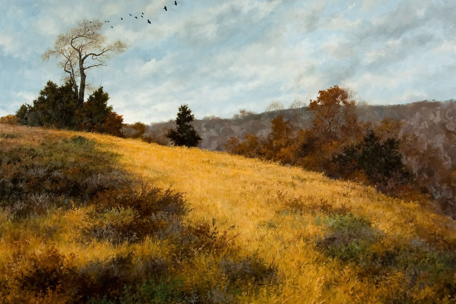 Crow's Nest (1984), oil, by Lanford Monroe depicts a yellow, grassy hillside. Crows fly away from a tall tree on the left.