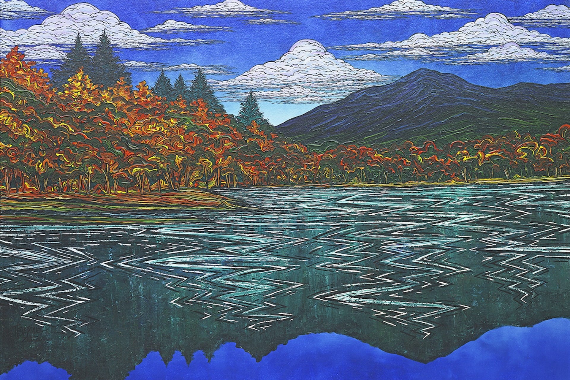 Colorful acrylic painting of a lake, mountains, and autumn trees under a cloudy blue sky