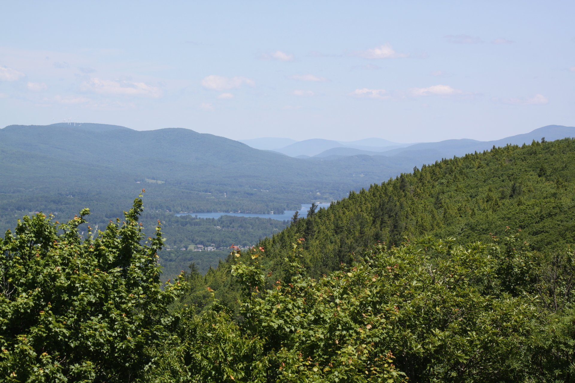 Atop a green grassy hill overlooking a forest with water below. Mountains off in the distance.