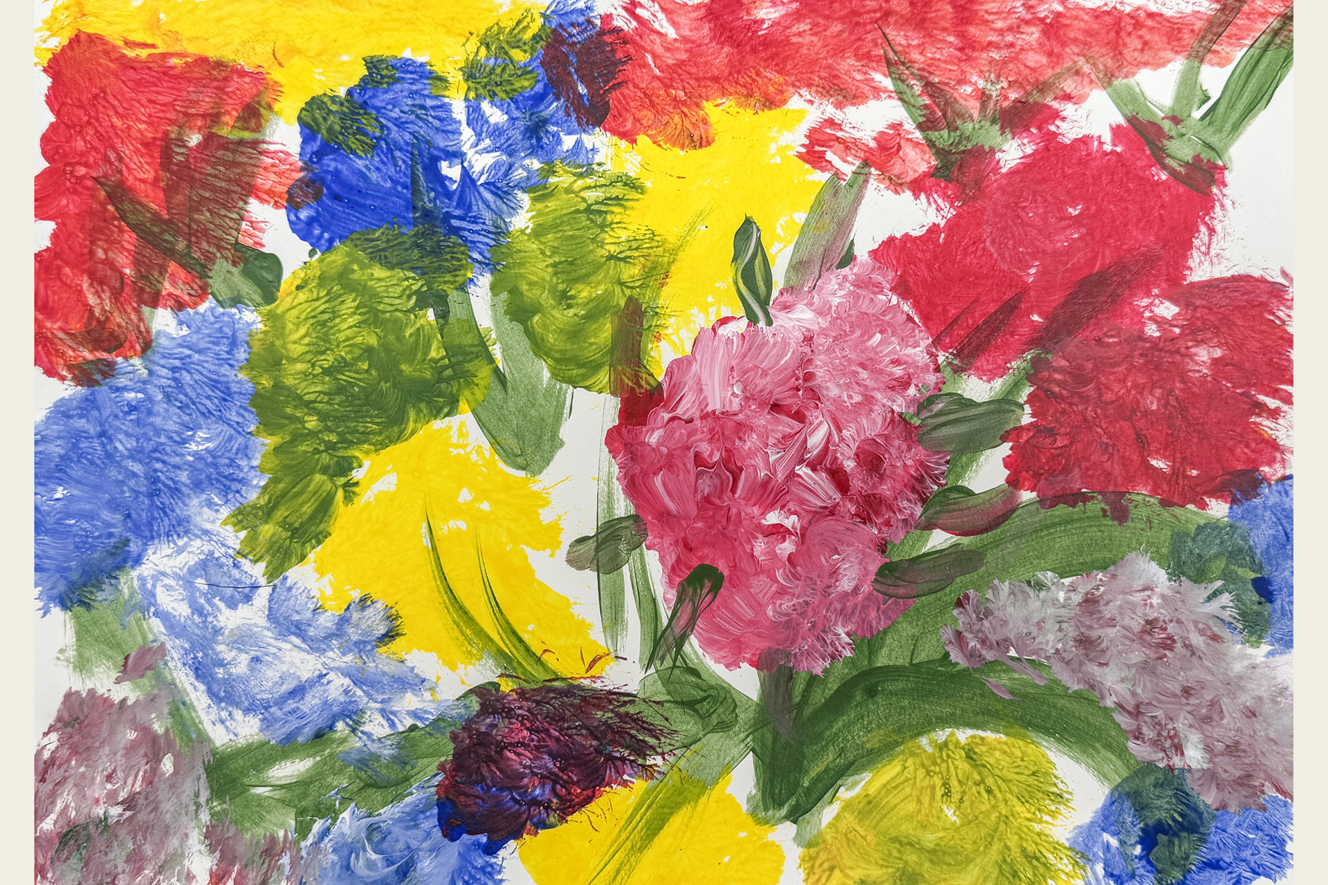 Brightly colored painting of a bunch of flowers