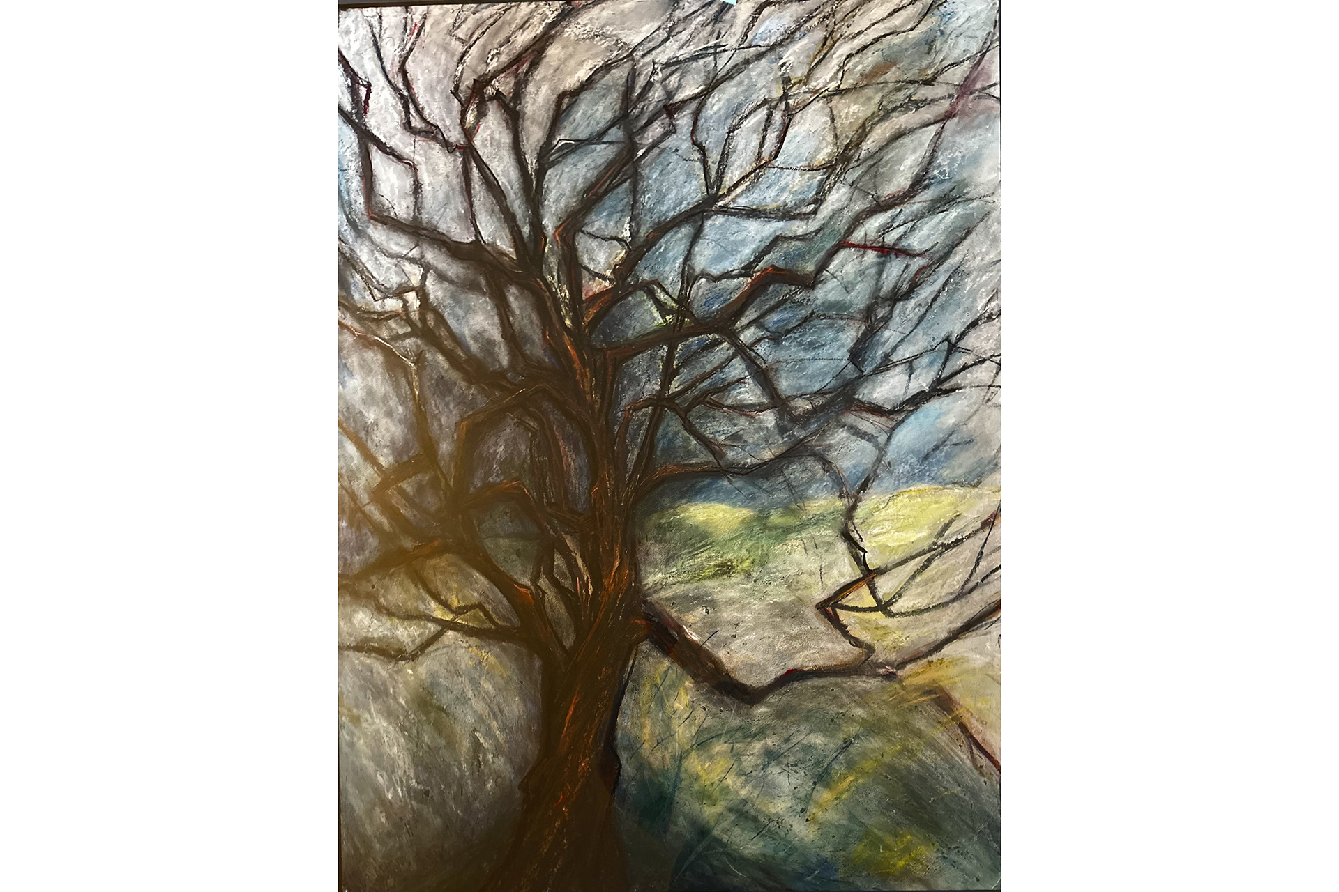 Painting of a bare tree against green grass and blue sky