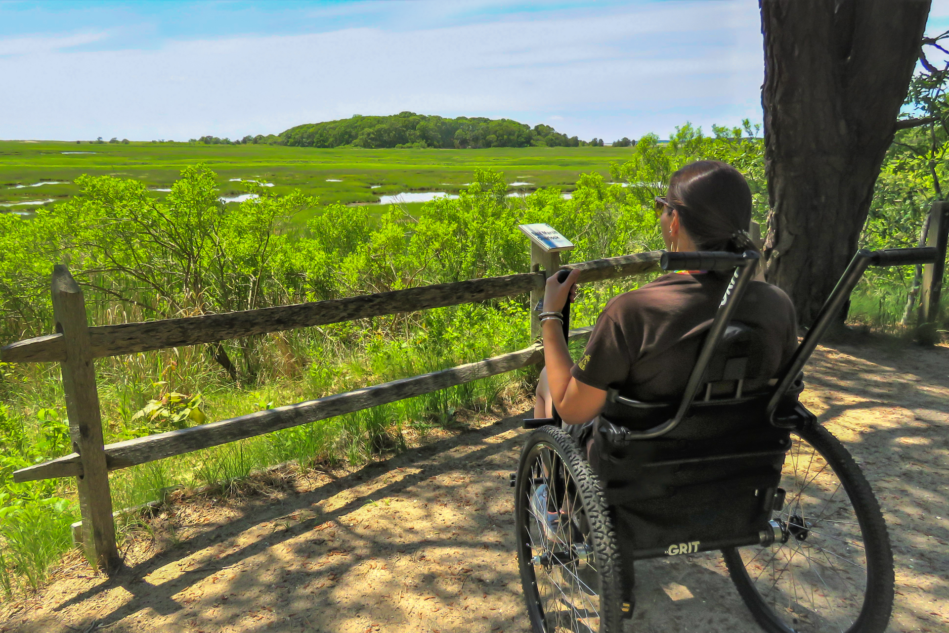 A woman seated in a wheelchair in front of a wooden fence, looking out over the saltmarsh at Wellfleet Bay Wildlife Sanctuary from the accessible All Persons Trail