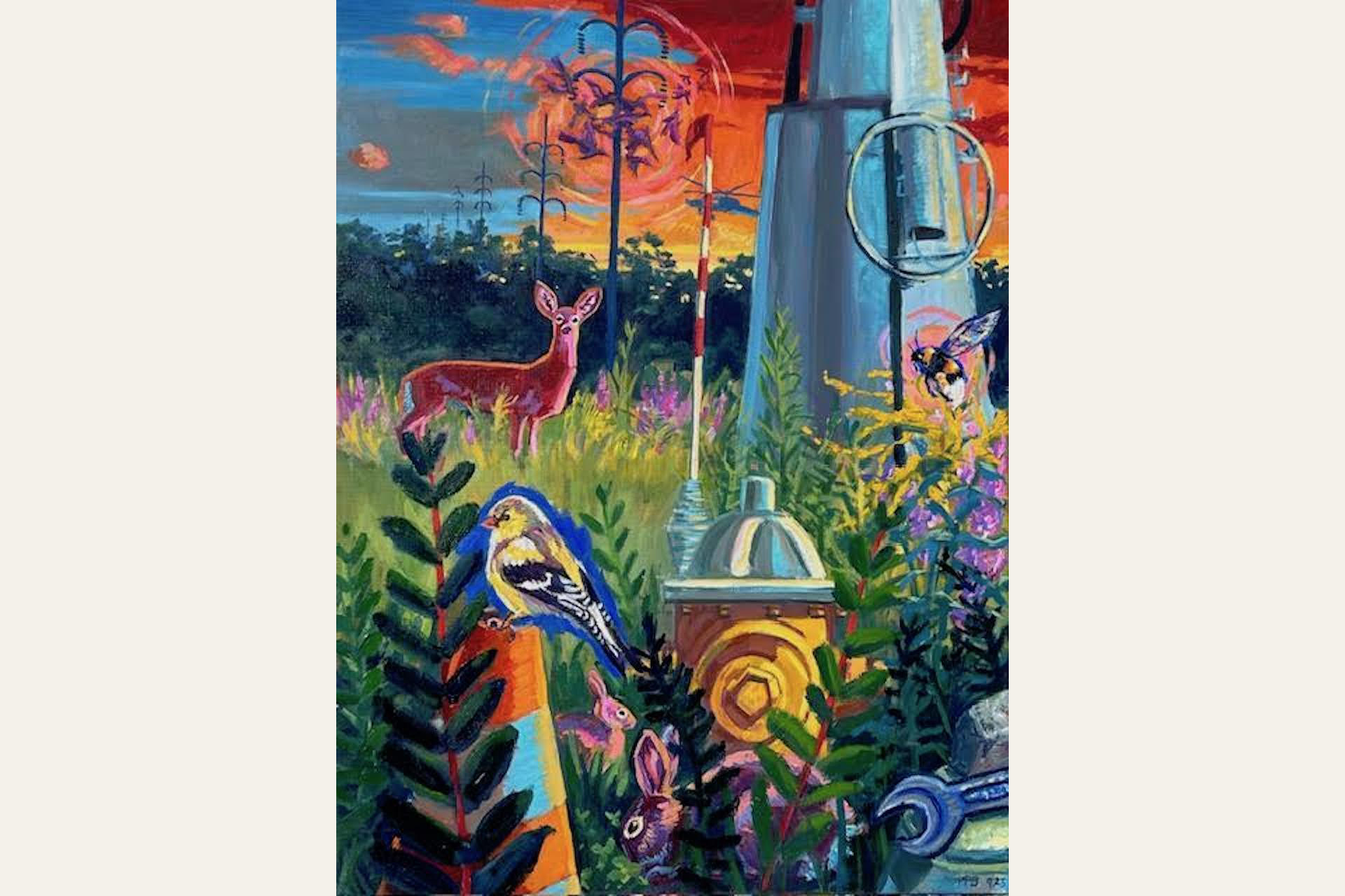 Vivid painting of a deer in the middle distance behind a fire hydrant and sculpture against a cream background