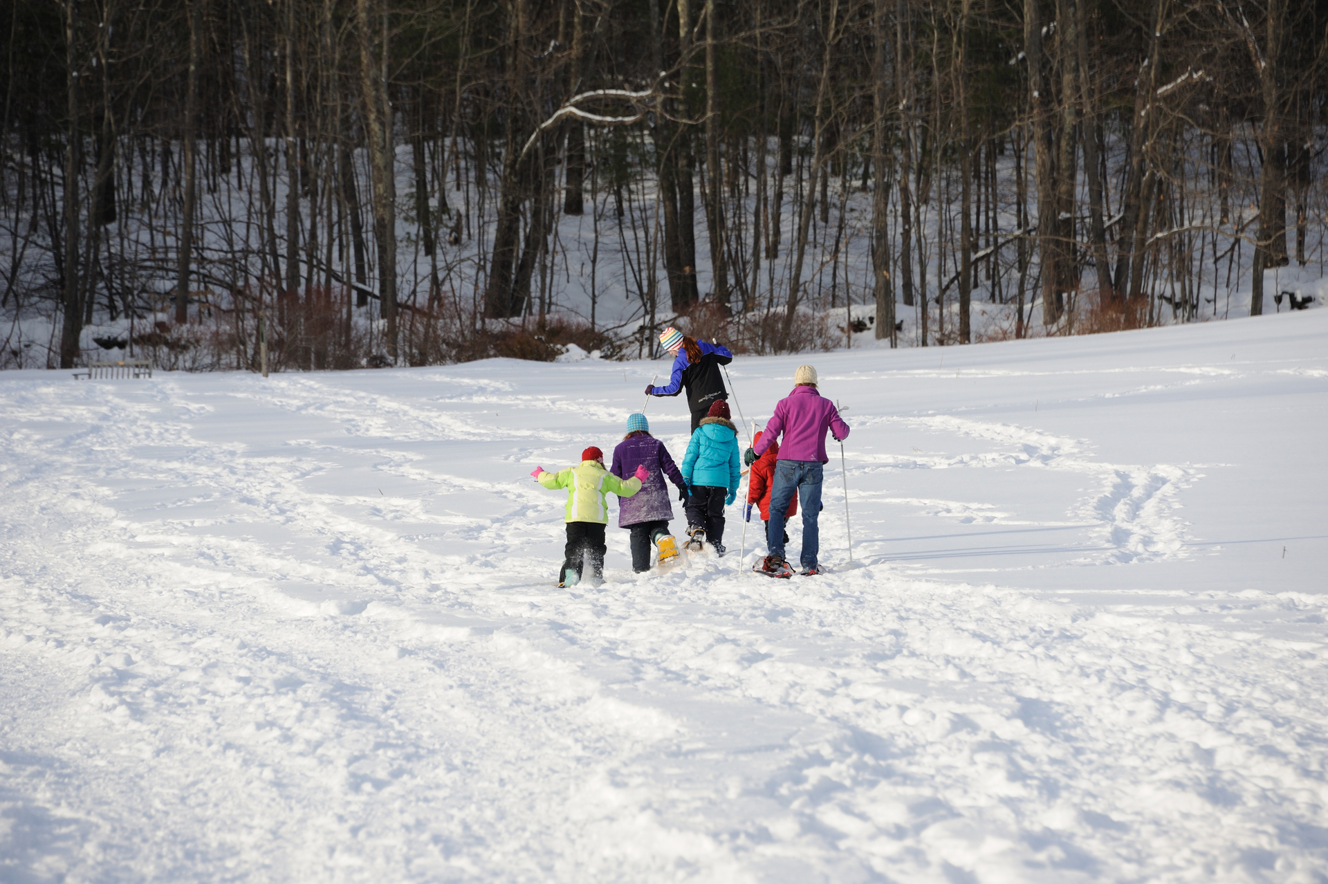 kids and adults snowshoeing