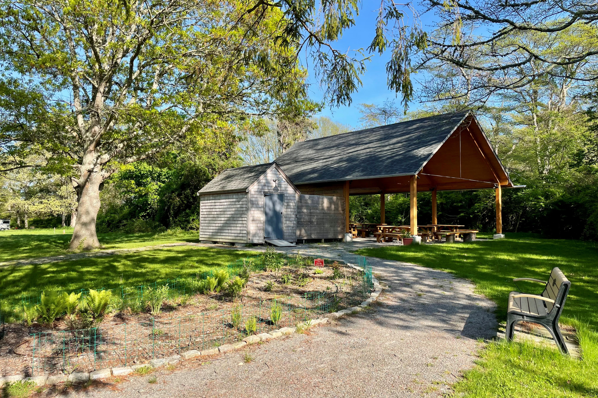 A path winds up to the Outdoor Pavilion at Long Pasture. Under the roof of the pavilion are picnic benches. To the left of the path is a leafy tree, and to the right is a bench.