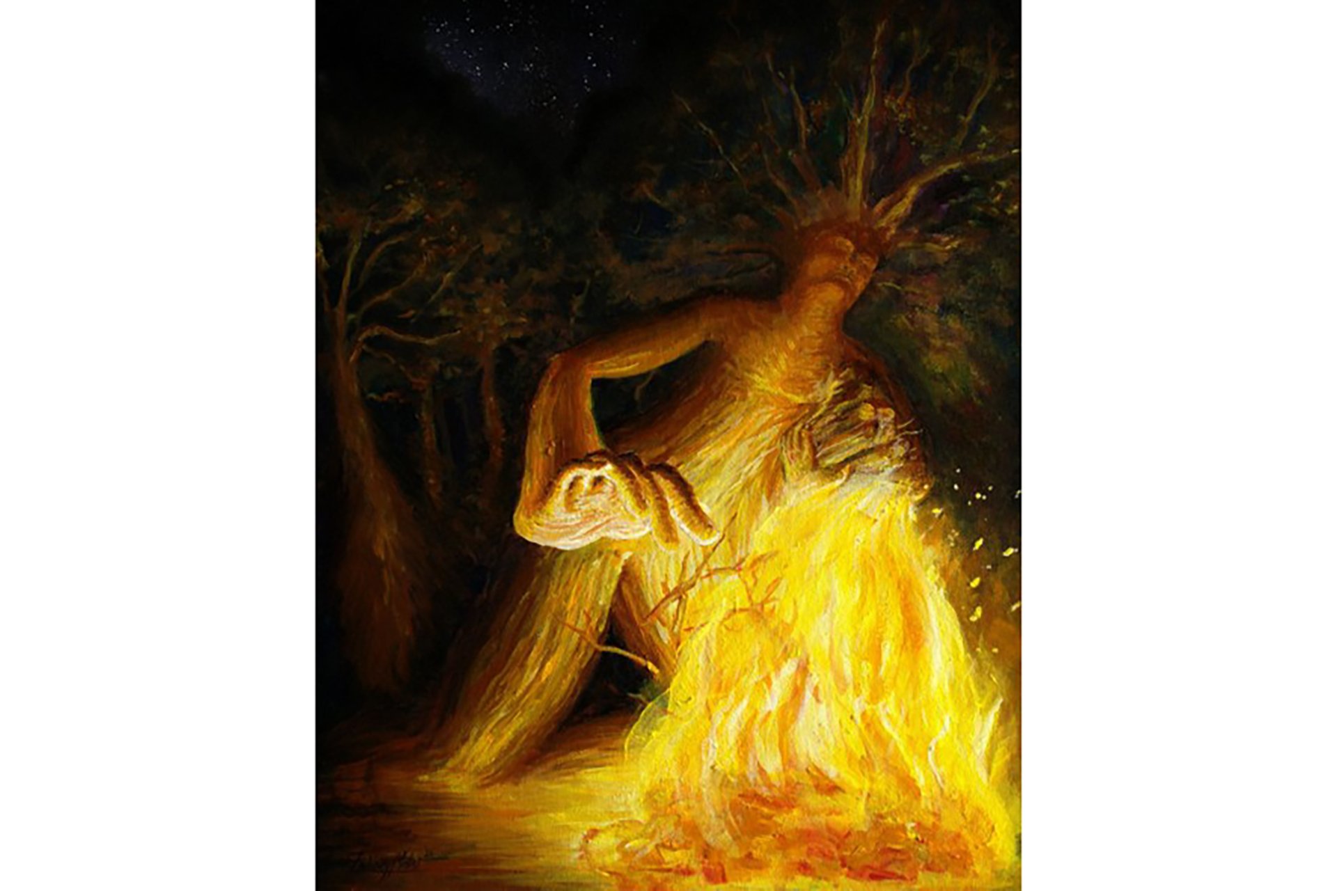 Painting of a tree stoking a fire, from the perspective of the ground