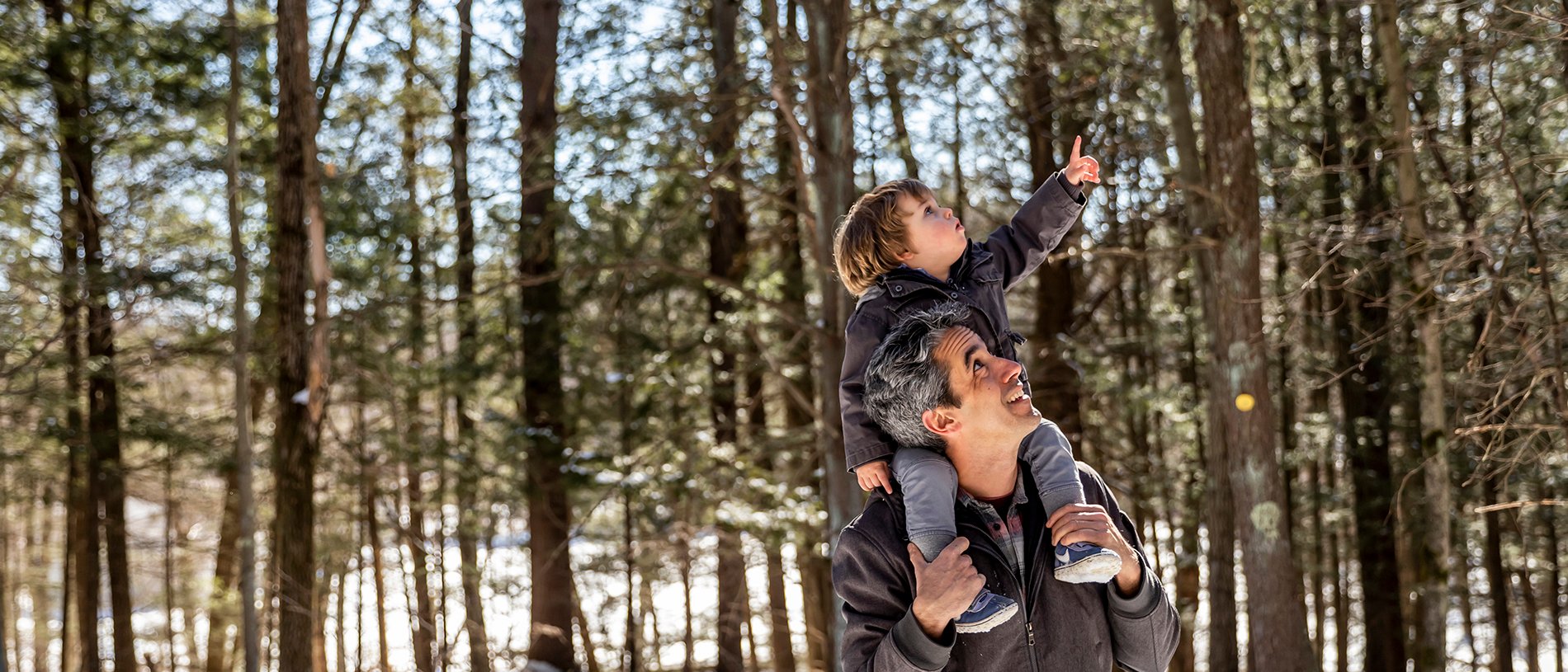 Son on Father's shoulders pointing up. Snow and trees in background.