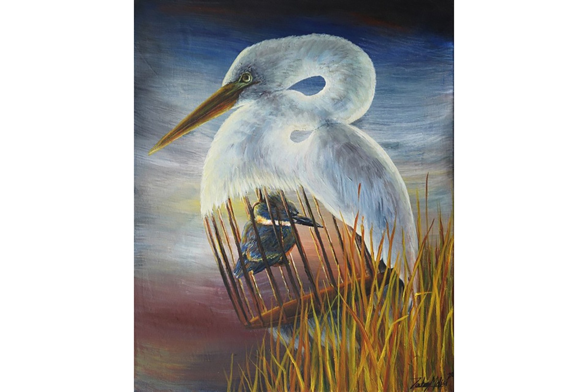 Painting of a large white bird with a long beak as a cage with a smaller bird within