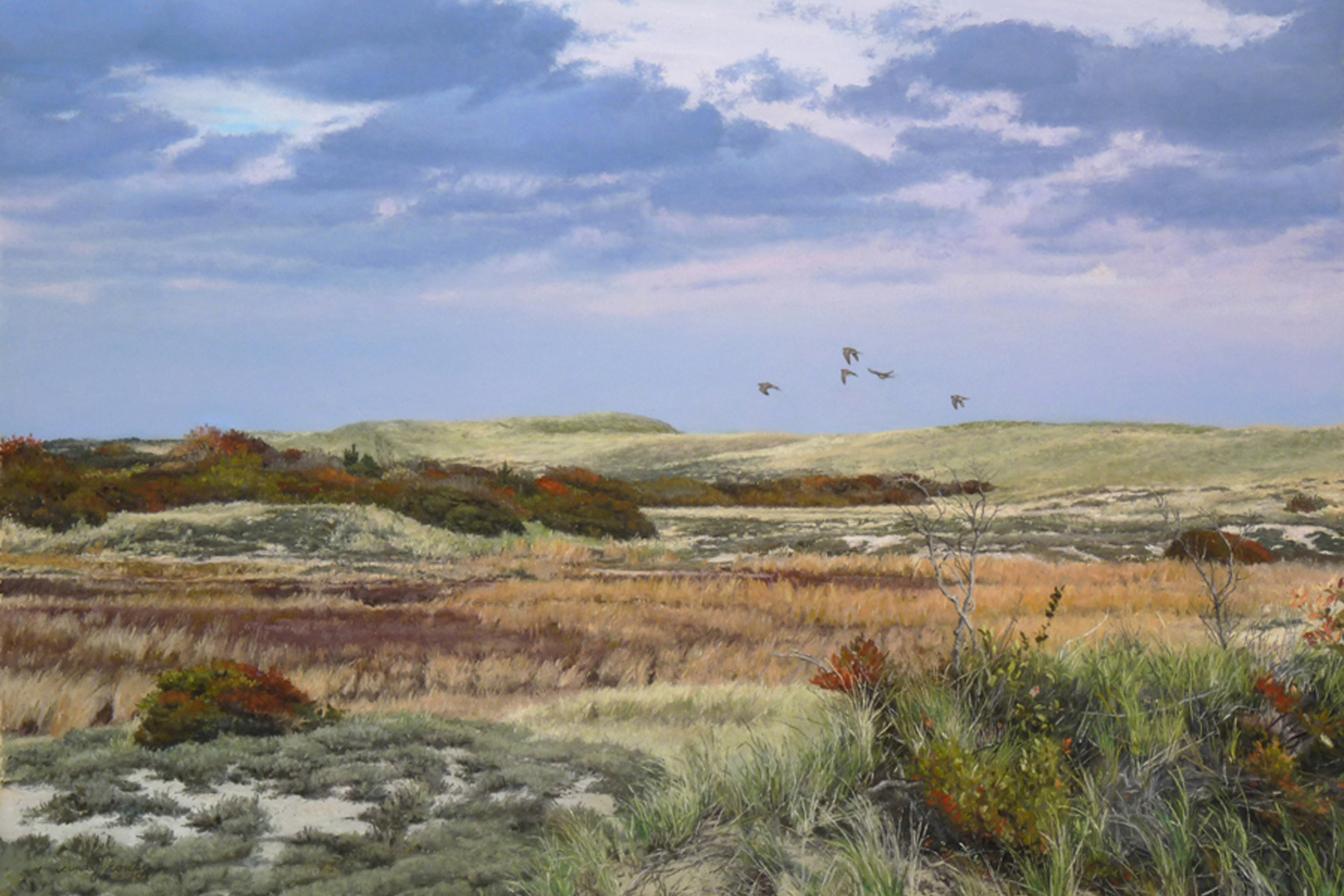 Pastel painting of dunes with birds flying in the distance