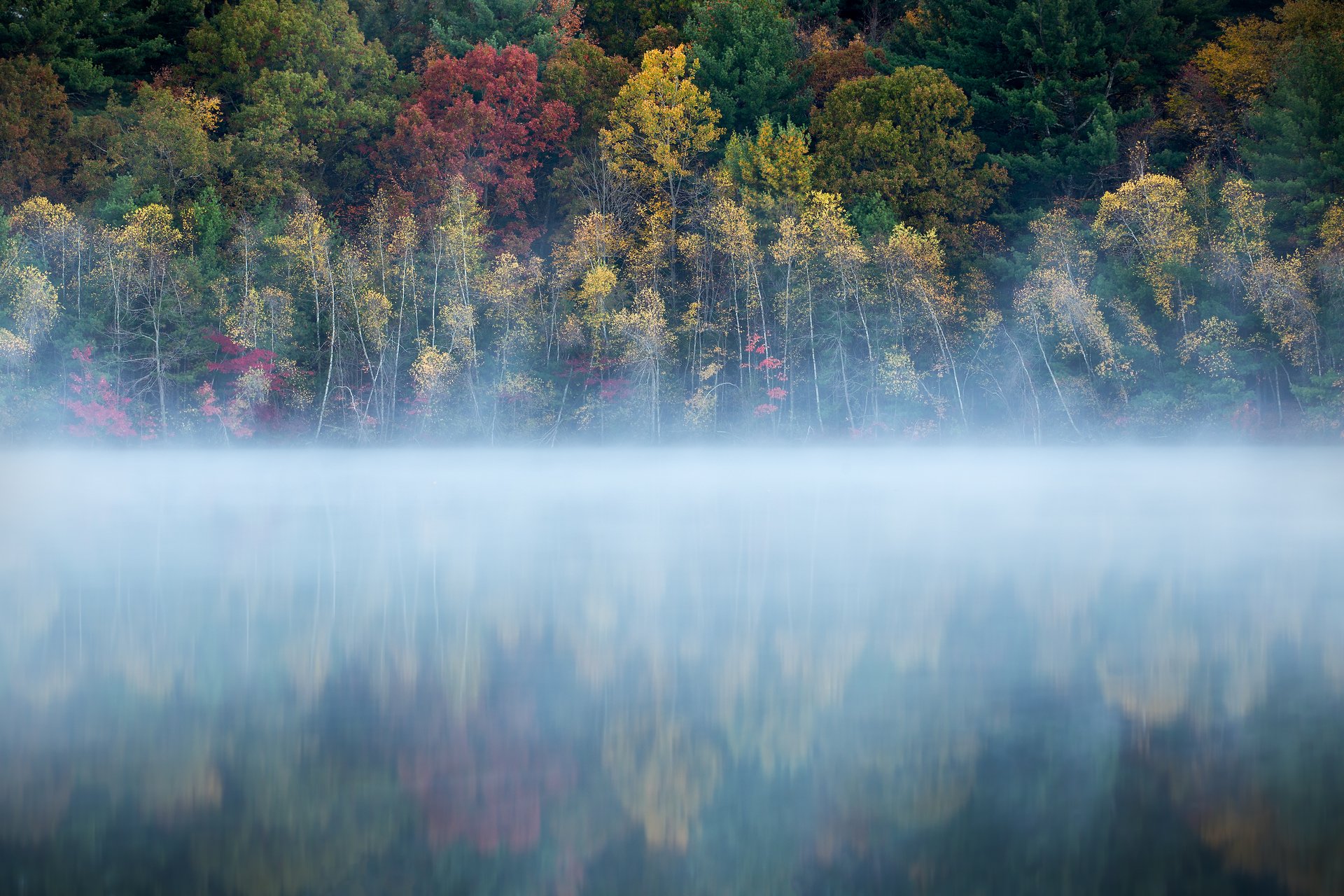 A calm lake with fog blurring the line between the water and the forest. Trees are shade of yellow, green, and red.