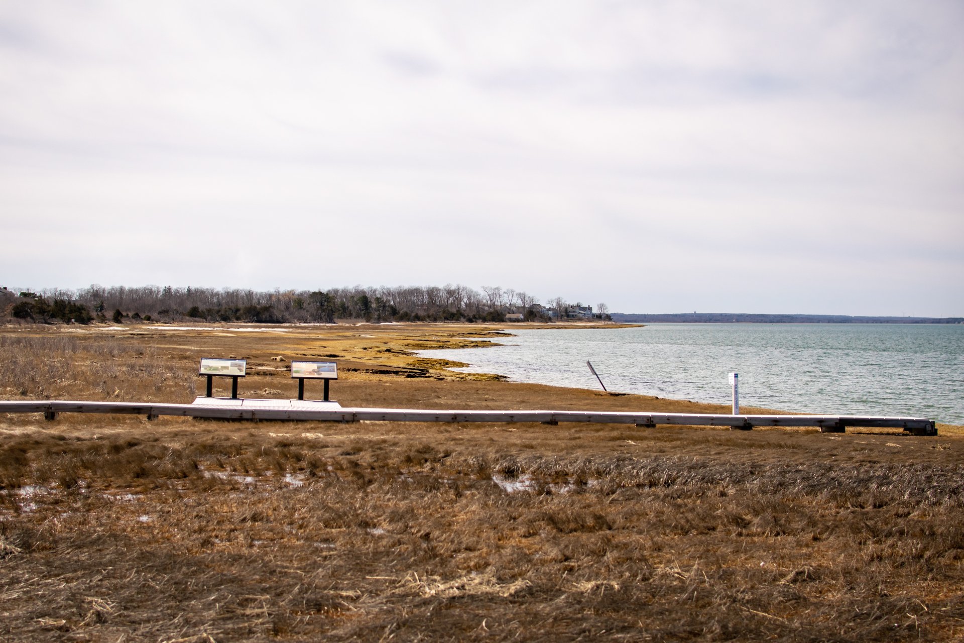 A raised boardwalk over a salt marsh leading to the ocean.