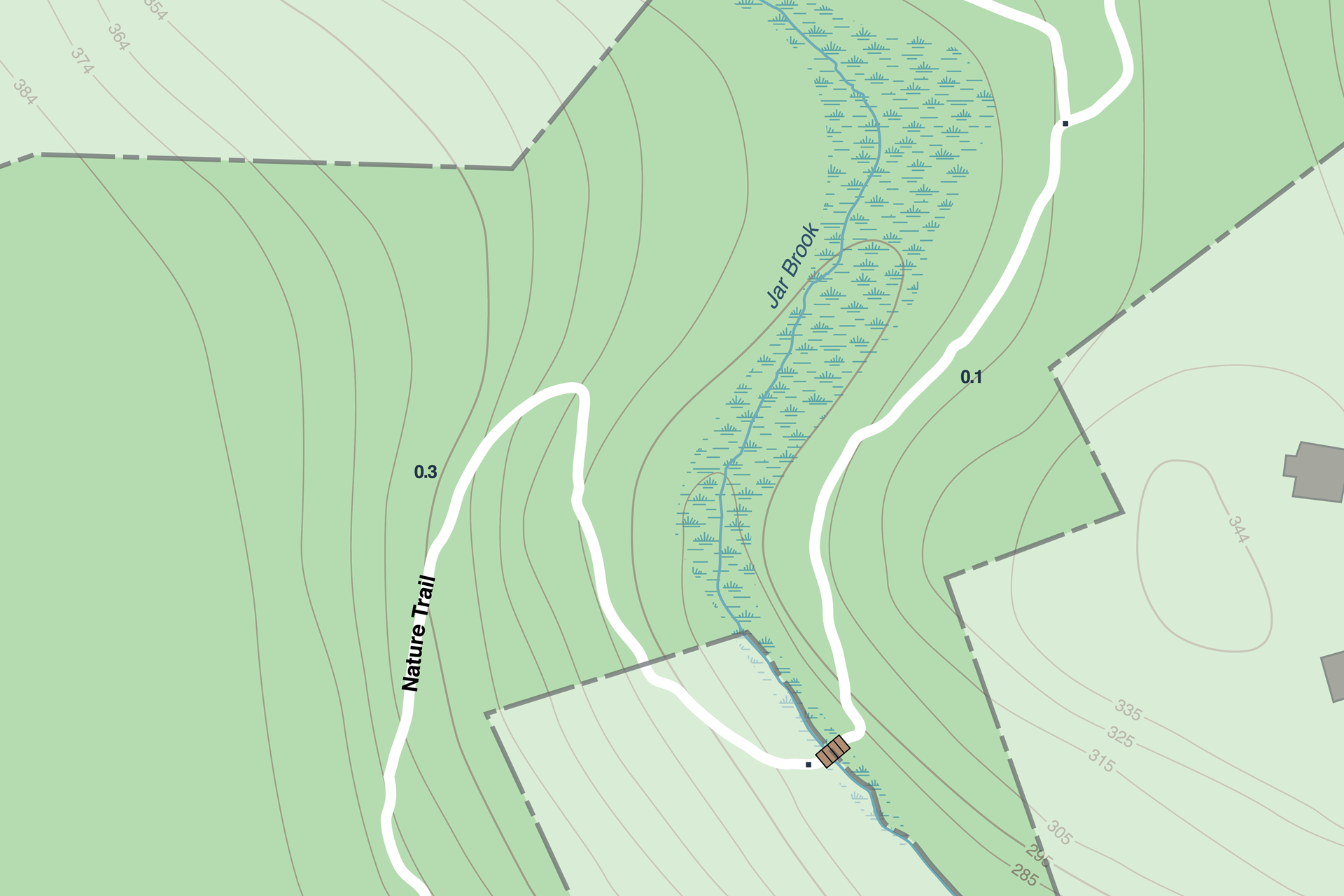 A closeup of the trail map for Broad Hill, depicting the Nature Trail and Jar Brook