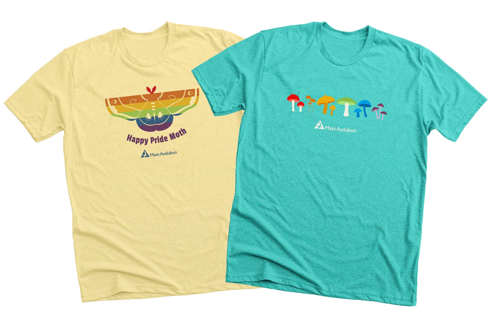 Two short-sleeve t-shirts with graphics and the Mass Audubon logo on the chest: one shirt is yellow with a rainbow moth icon and the words "Happy Pride Moth", the other is blue with a rainbow of different kinds of mushrooms in a row..