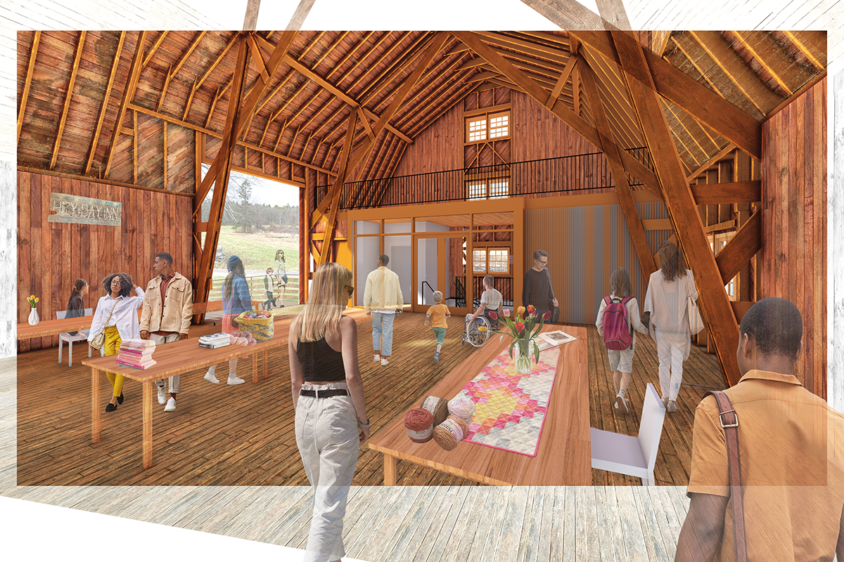 Rendering of inside hayloft of Crocker Barn showing people and tables